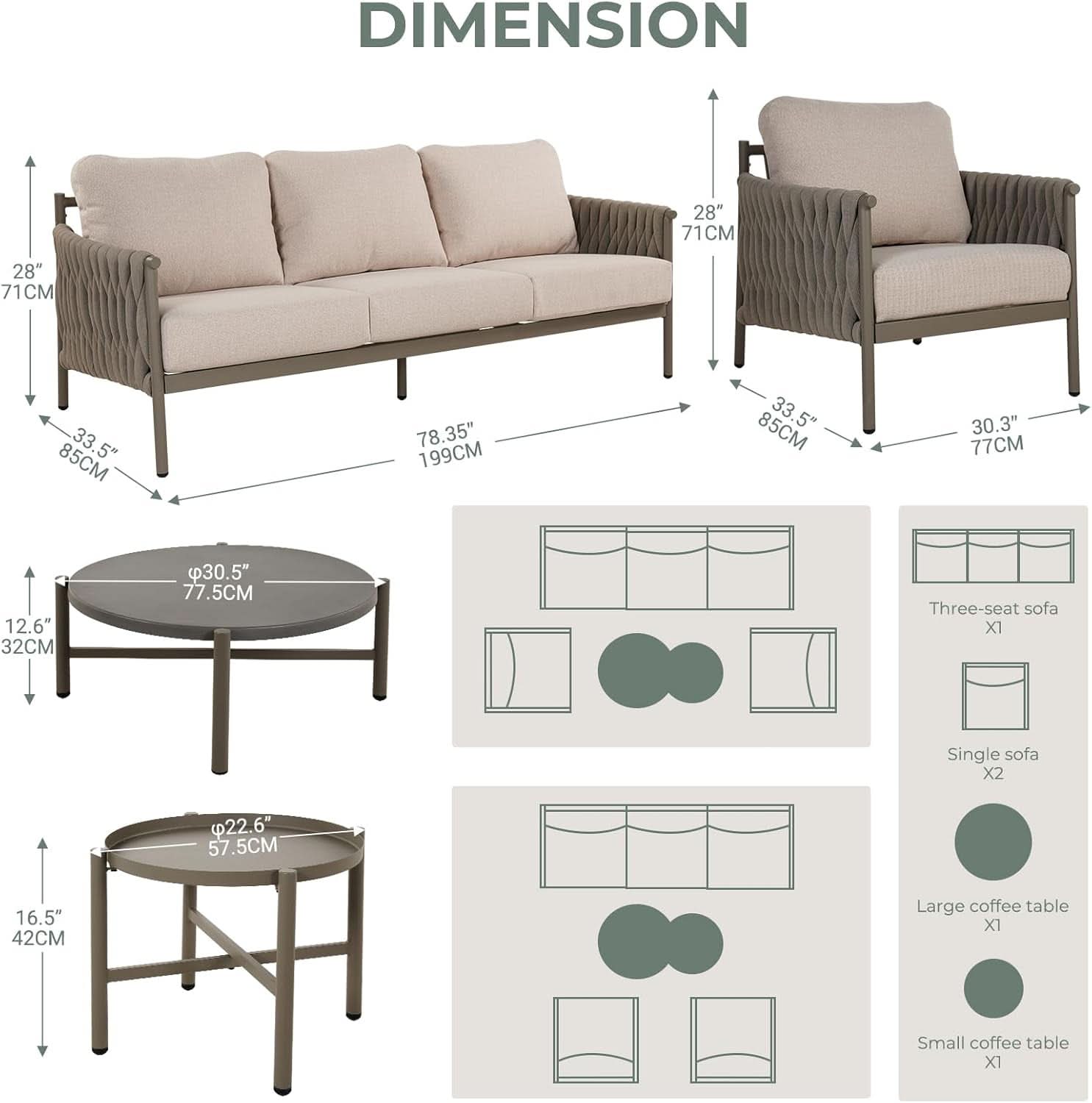 Modern 5 Piece Outdoor Sofa Set with Waterproof Cushions - Gray