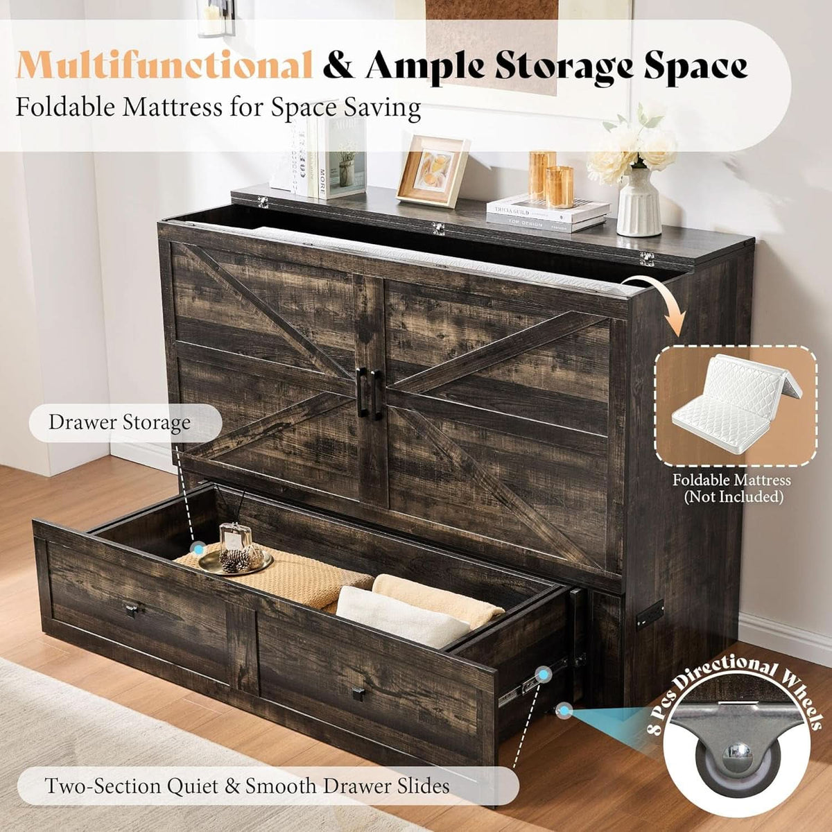 Black Oak Murphy Bed Cabinet With USB - Queen Size