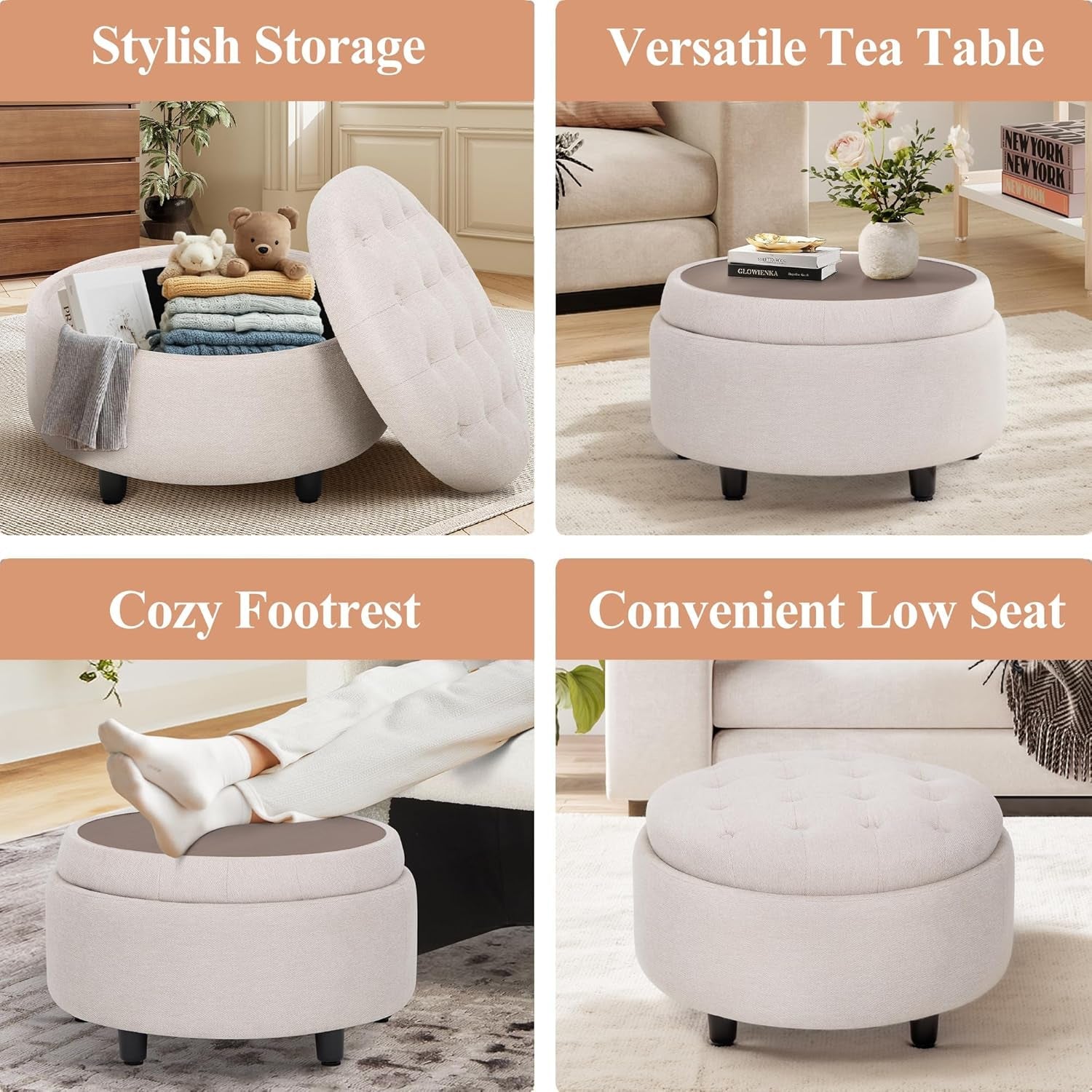 Beige Storage Ottoman With Tray