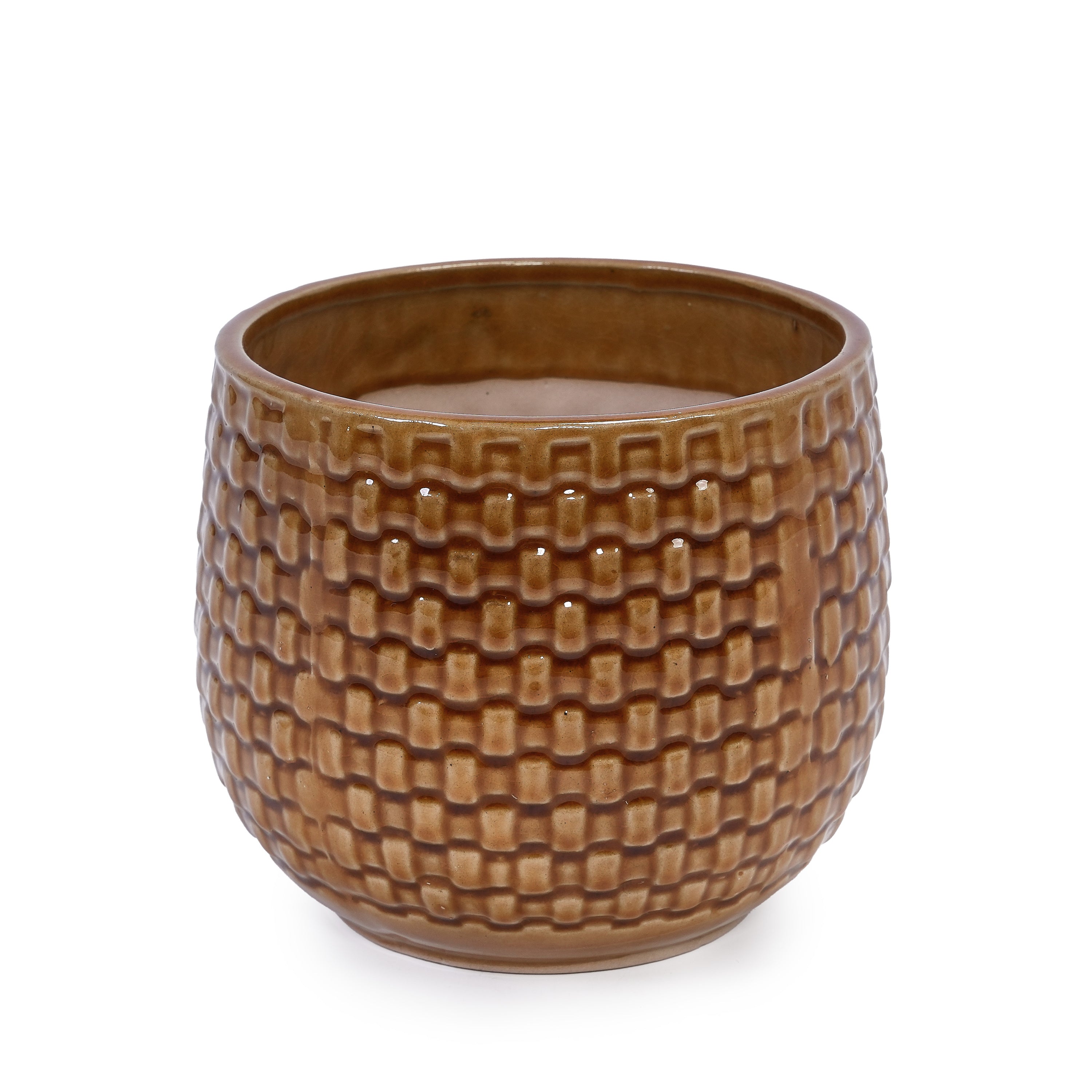 Set of 3 Weave Pattern Ceramic Pots - Brown