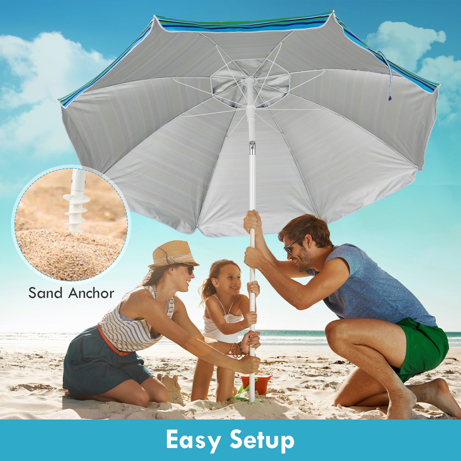 7.2 Ft Portable Outdoor Beach Umbrella with Sand Anchor and Tilt Mechanism