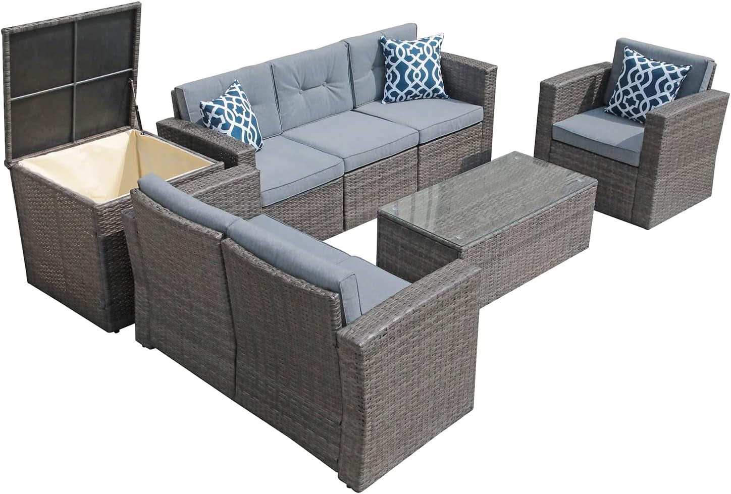 5 Piece Wicker Patio Conversation Set with Storage Box - Dusty Blue