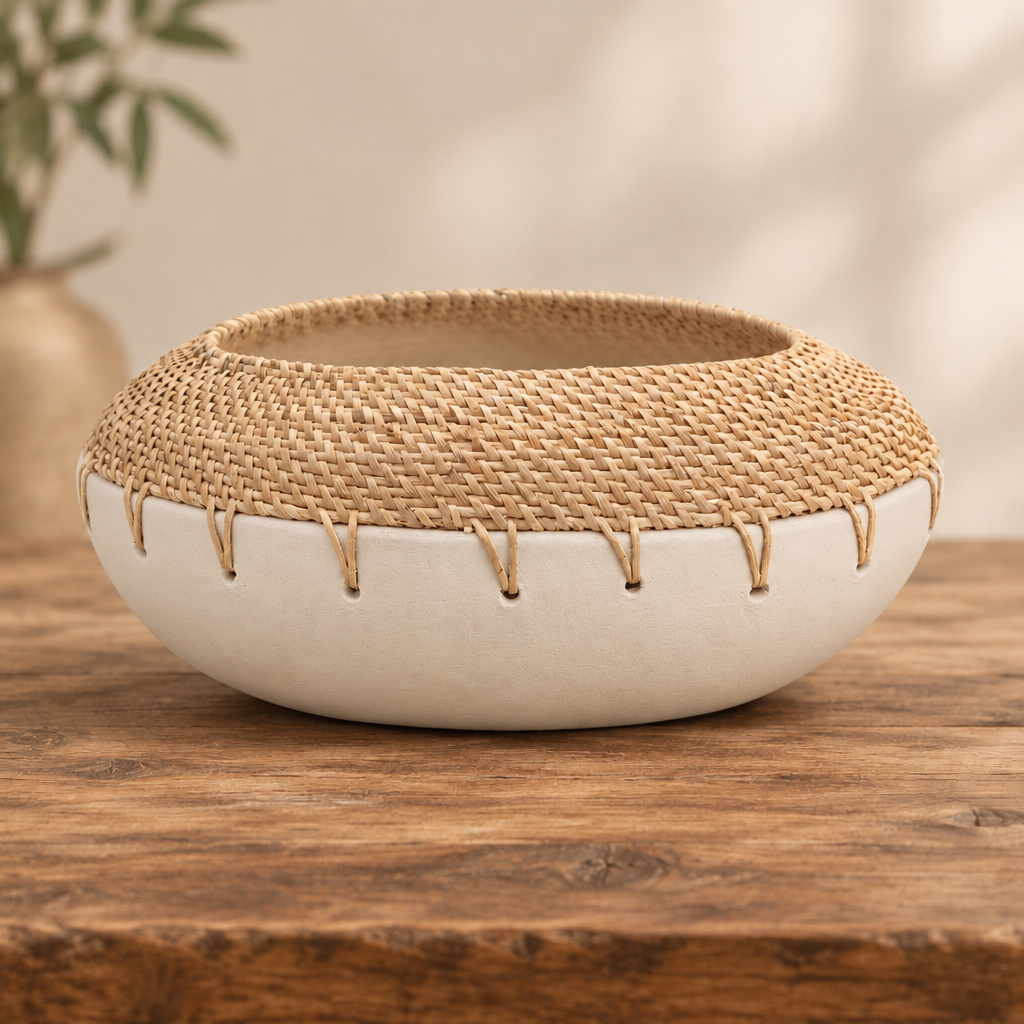 Benton Terracotta Planter with Handwoven Rattan Stitching