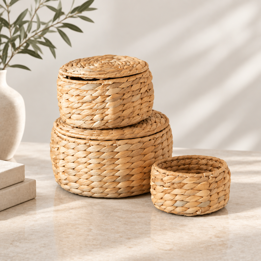 Natural Water Hyacinth Storage Baskets with Lids - Set of 3
