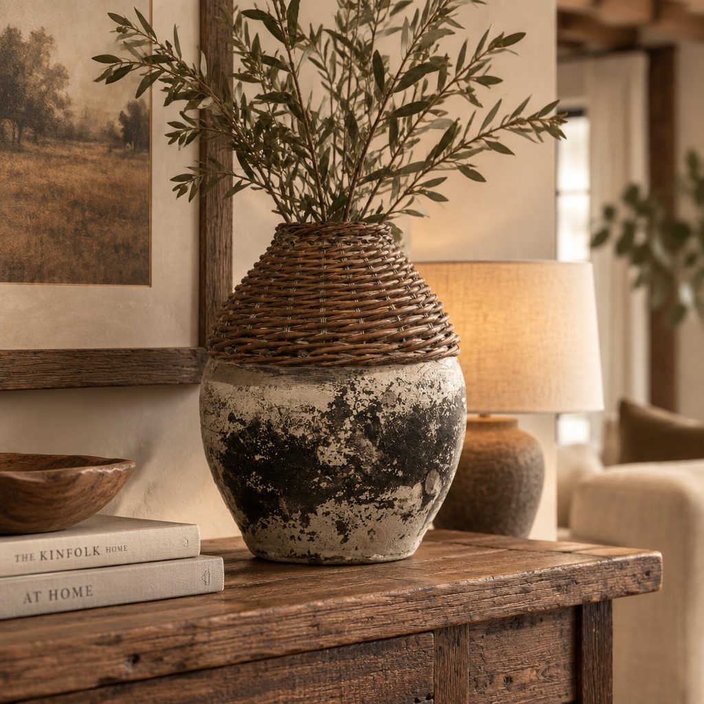 Hand-Woven Rattan & Clay Vase, Distressed