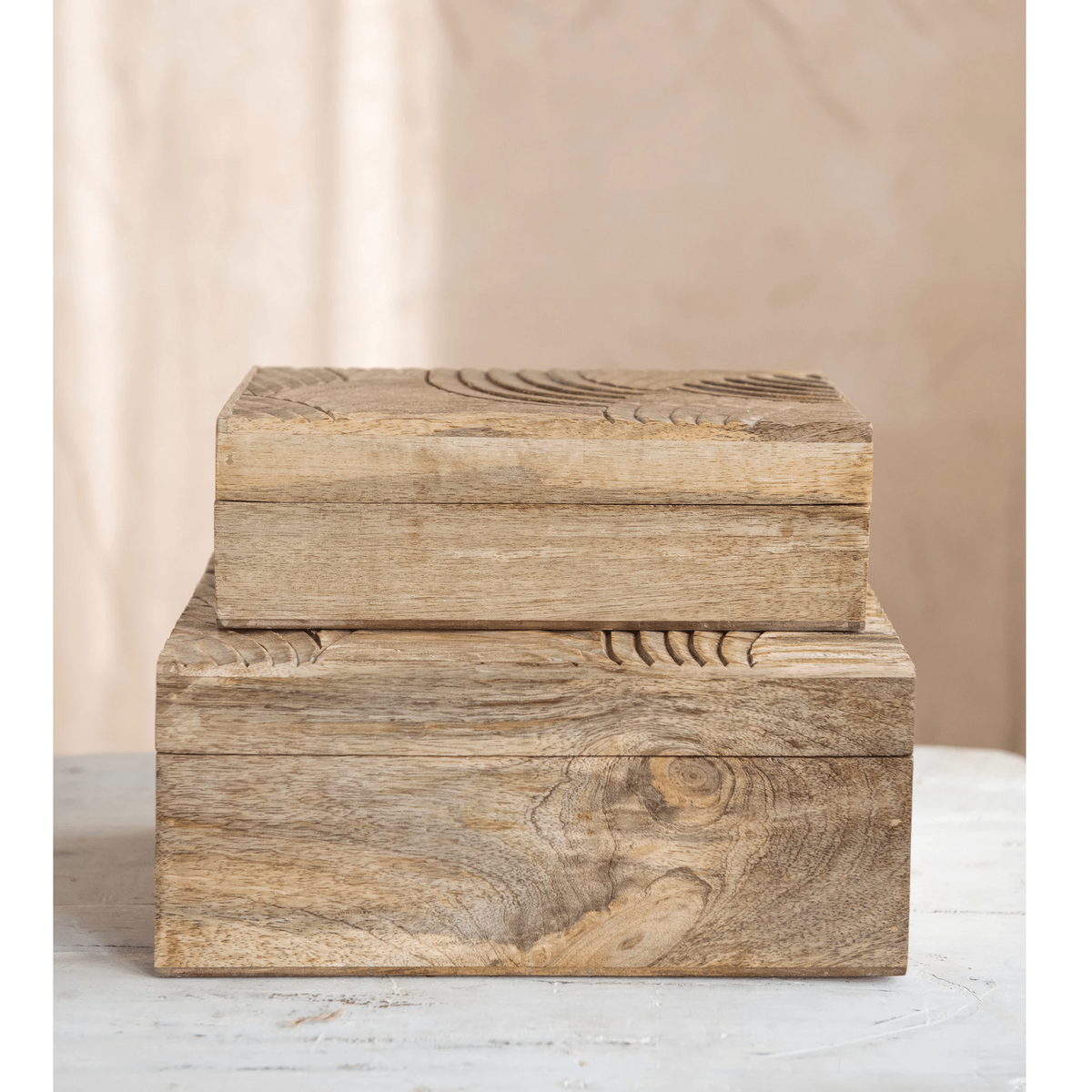 Handcarved Mango Wood Storage Boxes - Set of 2