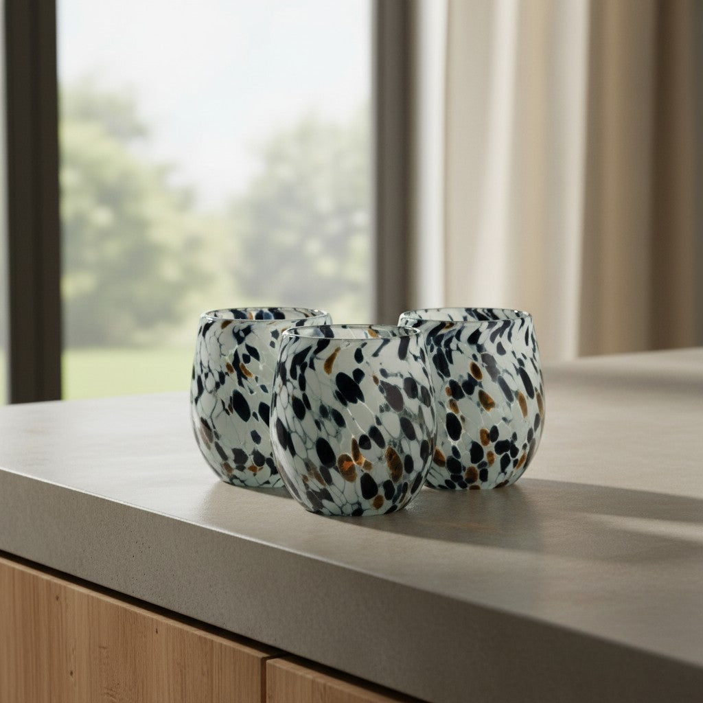 Hand-Blown Mexican Stemless Wine Glass | Blue Mocha Speckle Design