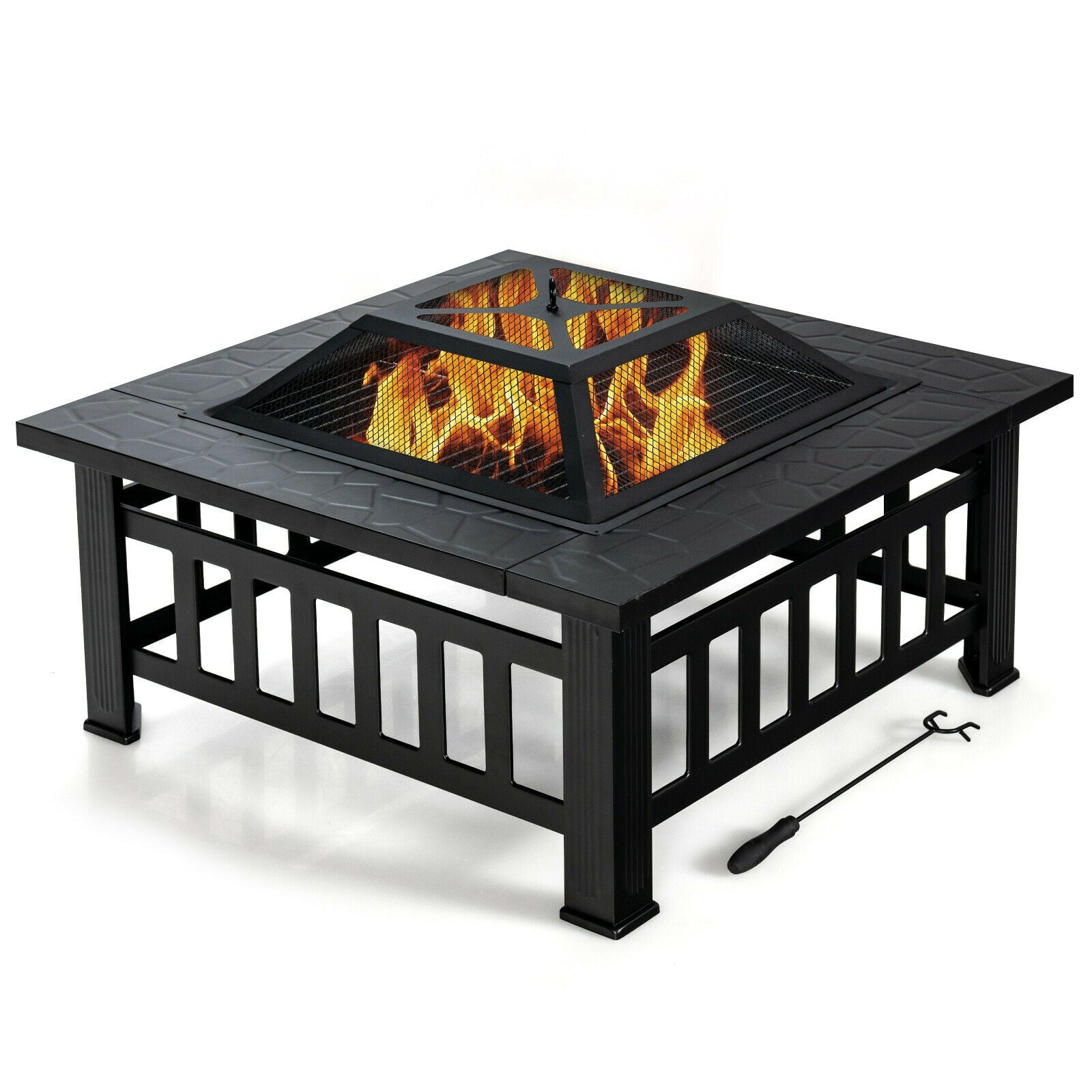 32 Inch Outdoor Square Fire Pit Table with BBQ Grill and Rain Cover