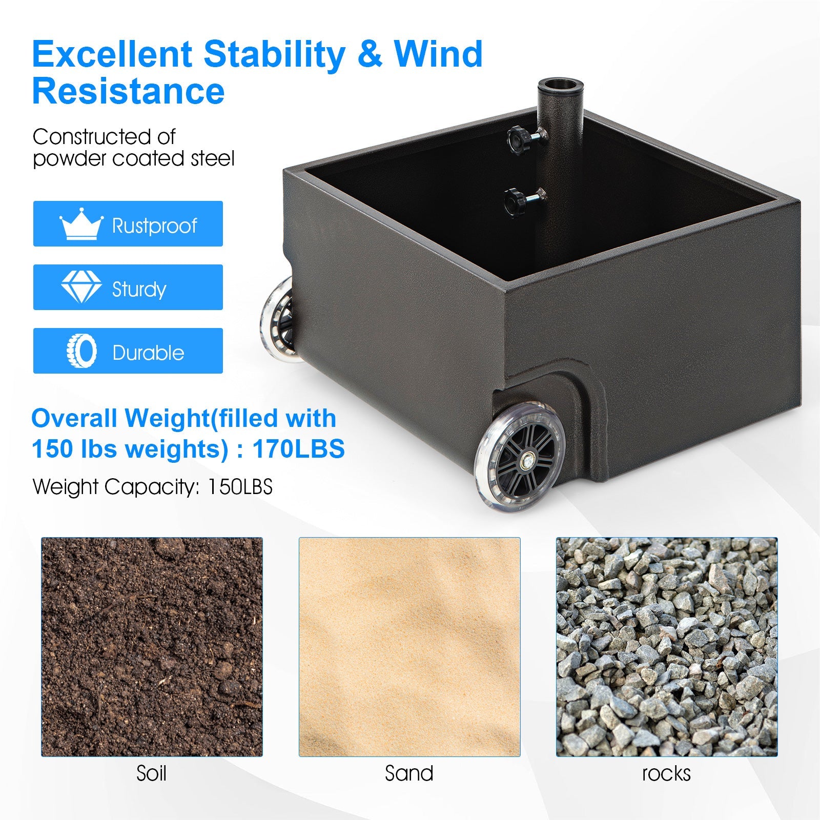 150 Pounds Patio Umbrella Base/Stand/Planter w/ Wheels in Black or Brown