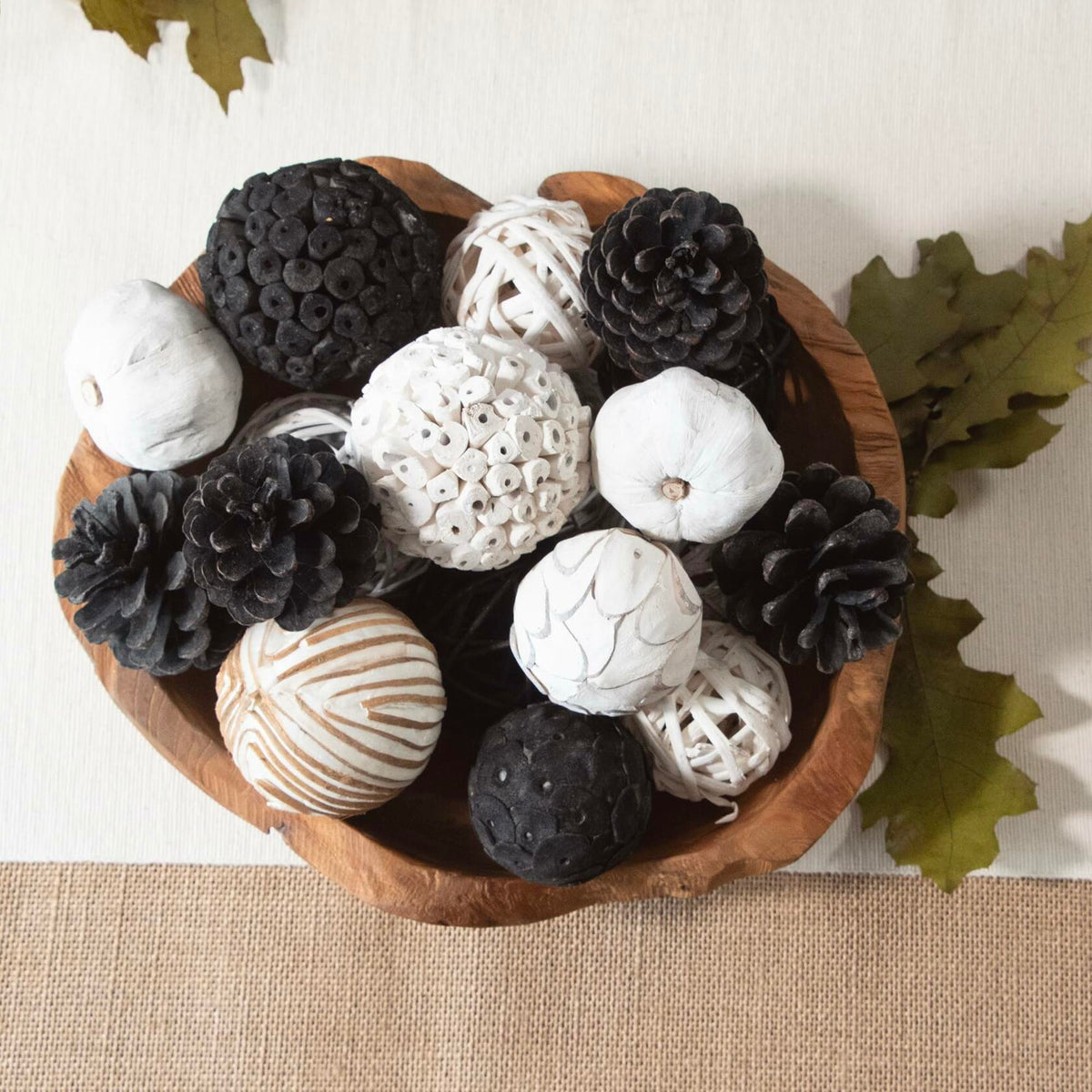 Vase & Bowl Mini Pumpkins/Pinecone/Balls - Black & White