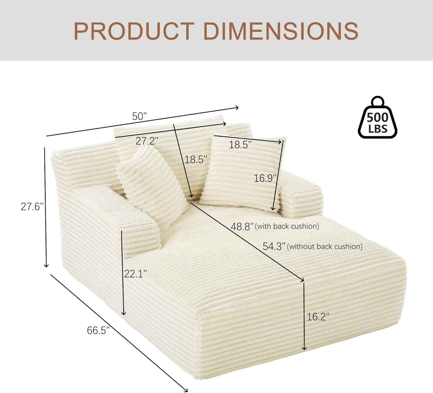 50-Inch Oversized Corduroy Chaise Lounge Chair in Cream