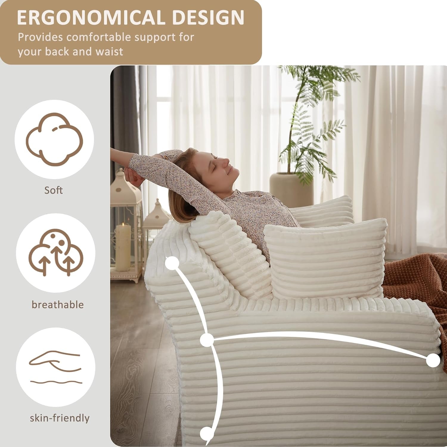 50-Inch Oversized Corduroy Chaise Lounge Chair in Cream