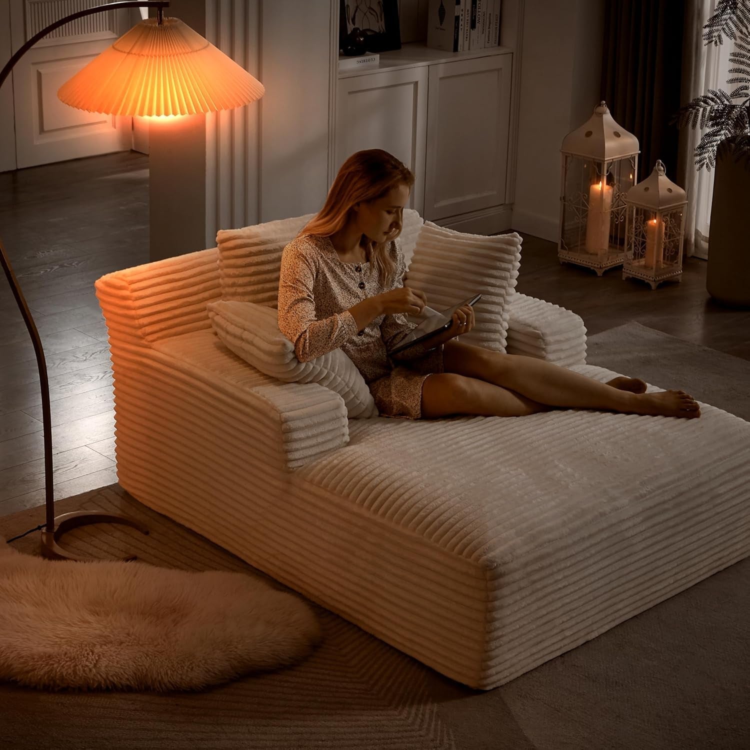 50-Inch Oversized Corduroy Chaise Lounge Chair in Cream