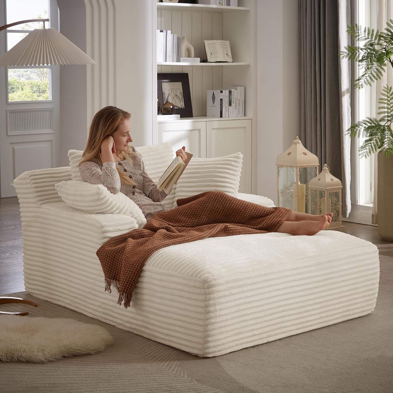 50-Inch Oversized Corduroy Chaise Lounge Chair in Cream