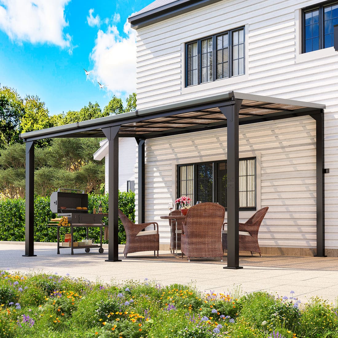 Hardtop Lean-to Pergola with Polycarbonate Roof for Patio or Deck