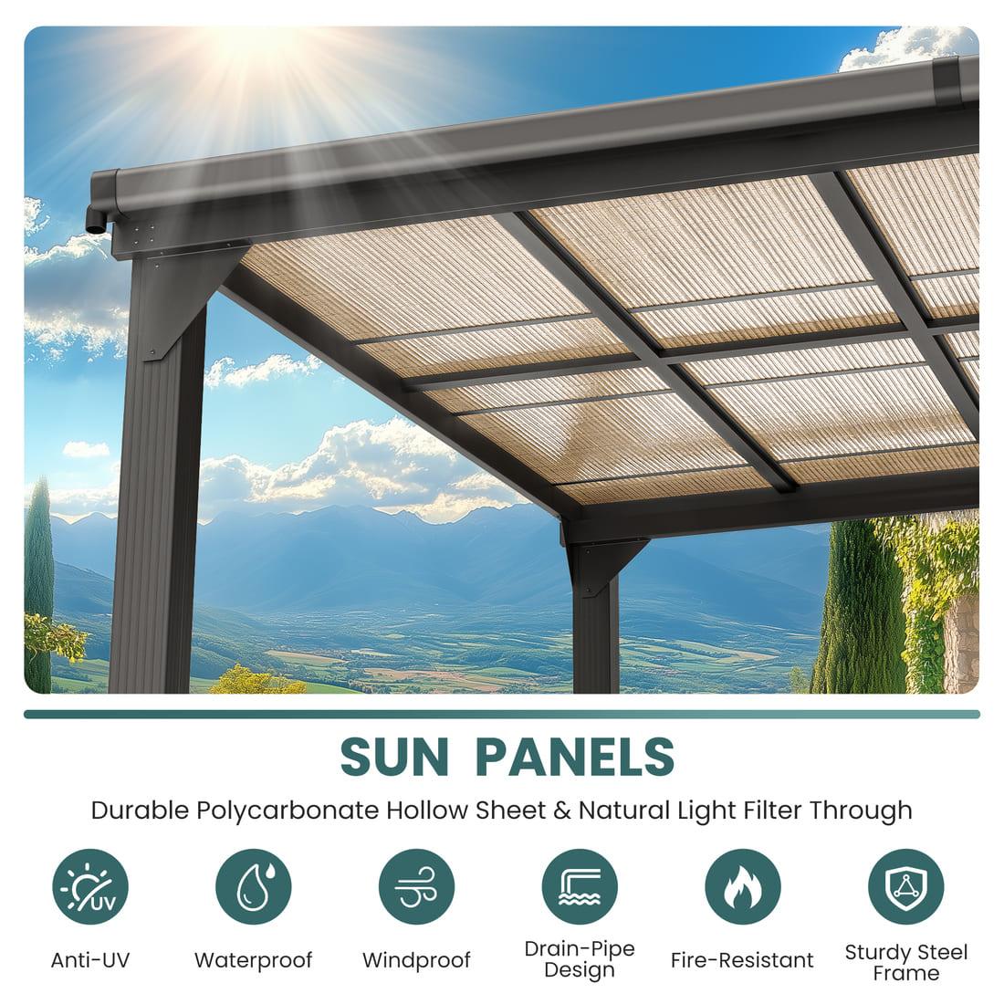 Hardtop Lean-to Pergola with Polycarbonate Roof for Patio or Deck