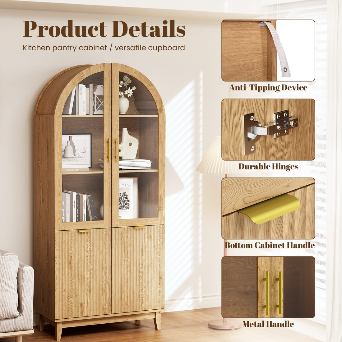 Modern Farmhouse Arched Cabinet with Glass Doors & Adjustable Shelves