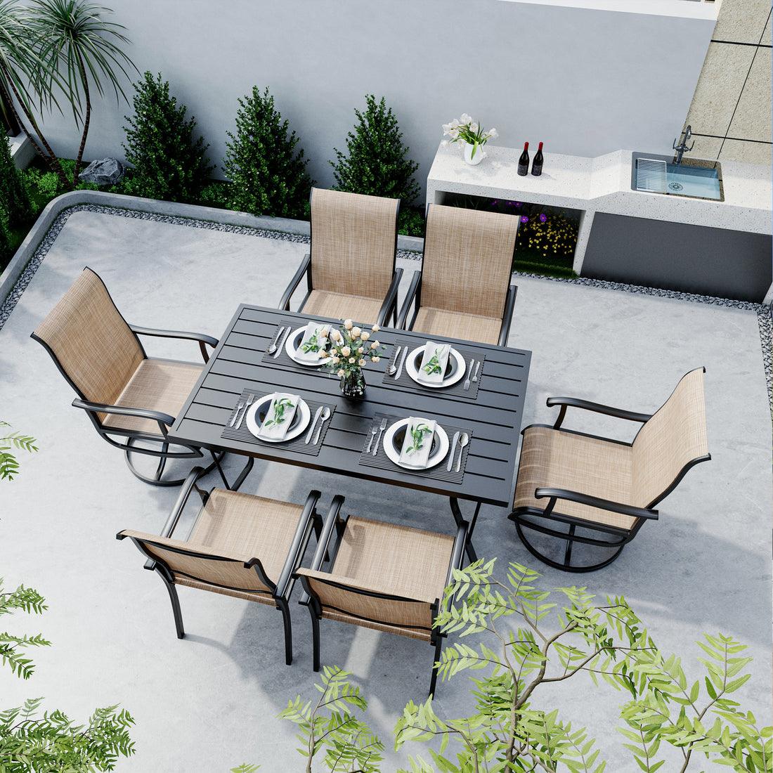7-Piece Textilene Dining Set with 2 Swivel Chairs & 4 Side Chairs