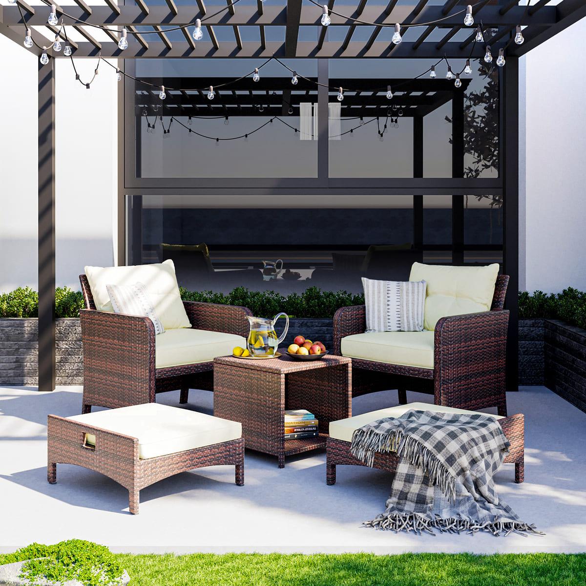 5-Piece Patio Lounge Set, Rattan with Cushions in Beige or Grey