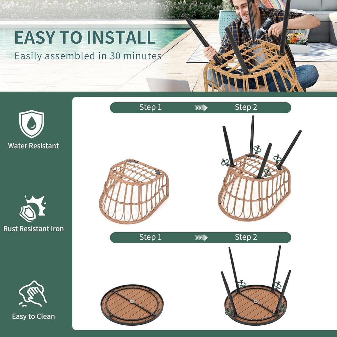 Patio Dining Set with Round Wood Table Top & Wicker Rattan Chairs