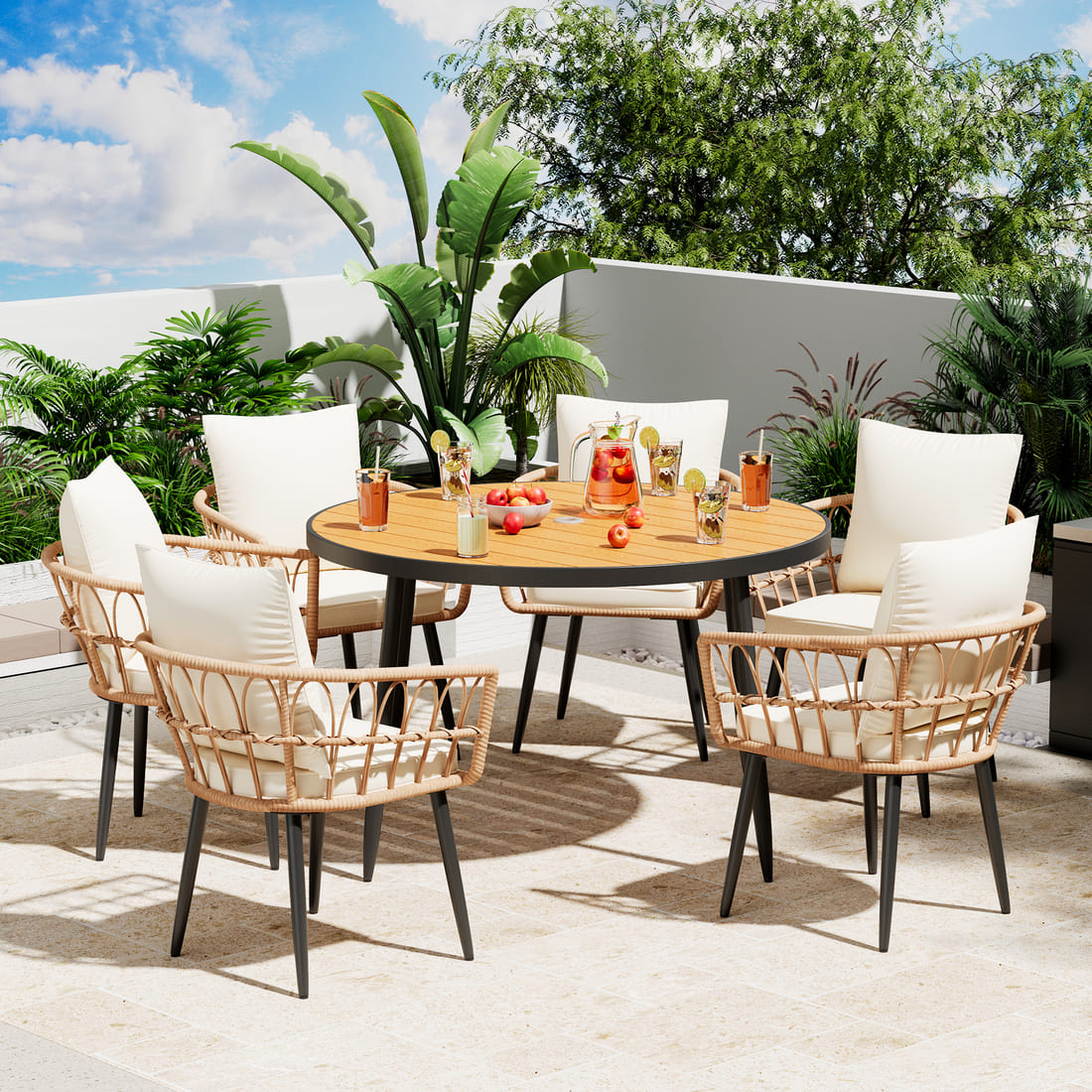 Patio Dining Set with Round Wood Table Top & Wicker Rattan Chairs
