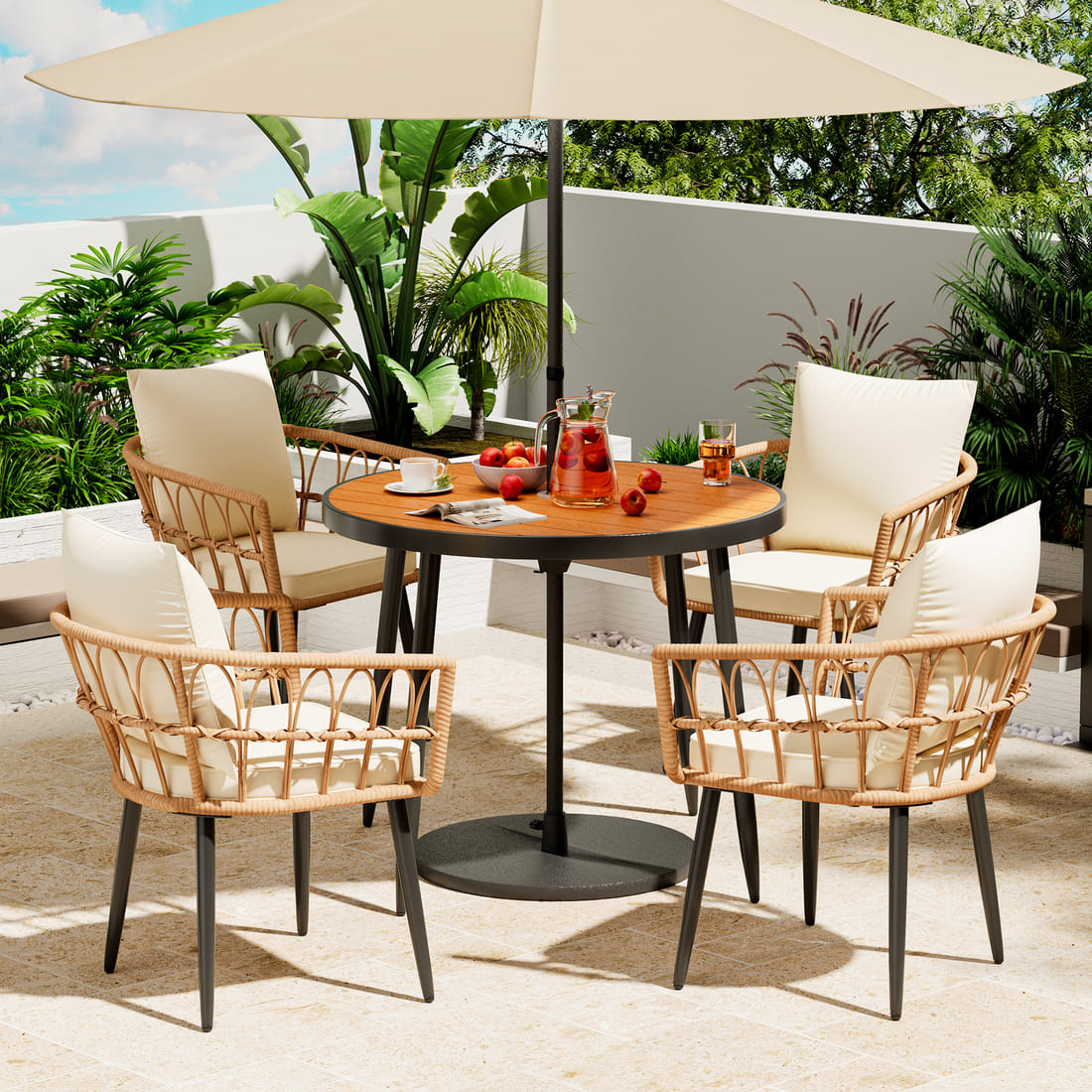 Patio Dining Set with Round Wood Table Top & Wicker Rattan Chairs