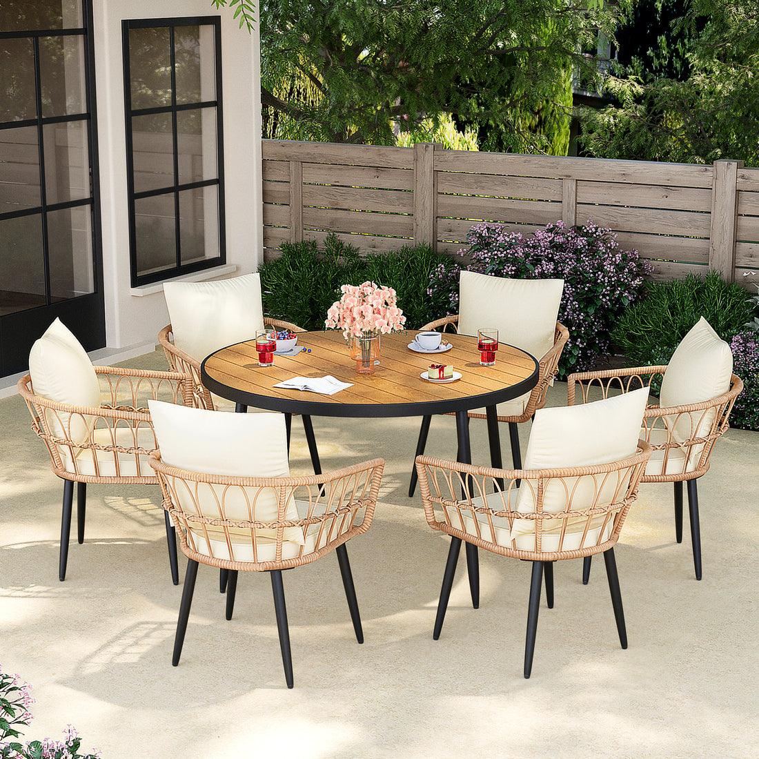 Patio Dining Set with Round Wood Table Top & Wicker Rattan Chairs