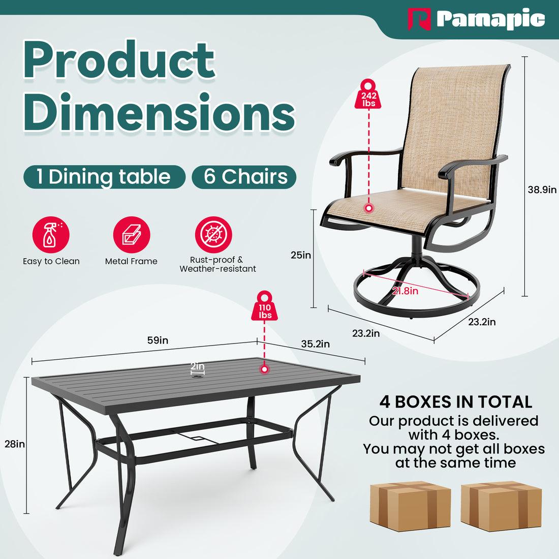 Textilene Dining Table with 6 Swivel Chairs (7 Pieces)