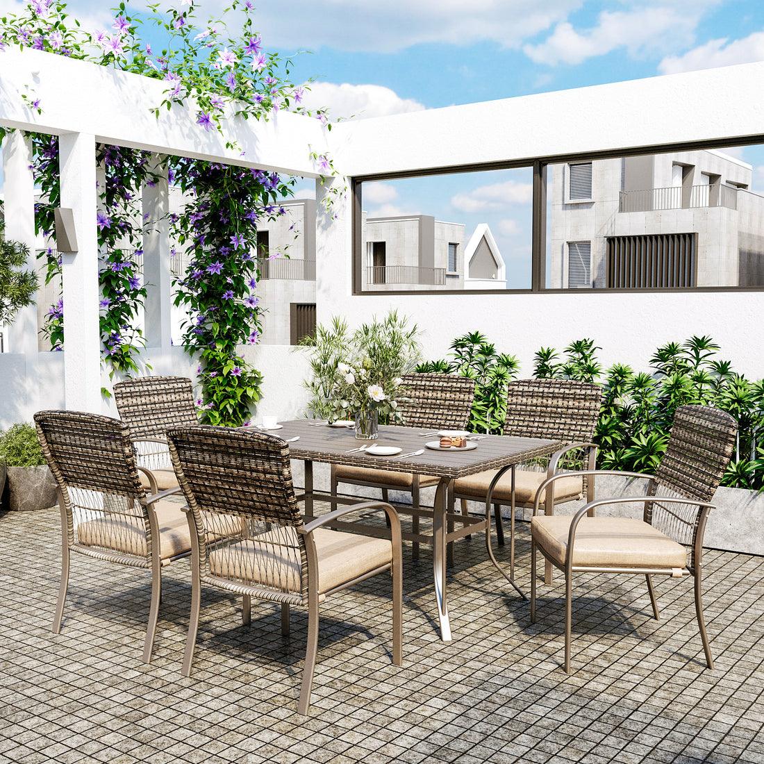 7 pc Metal Outdoor Dining Set - Iron Tabletop + 6 Chairs with Removable Cushions