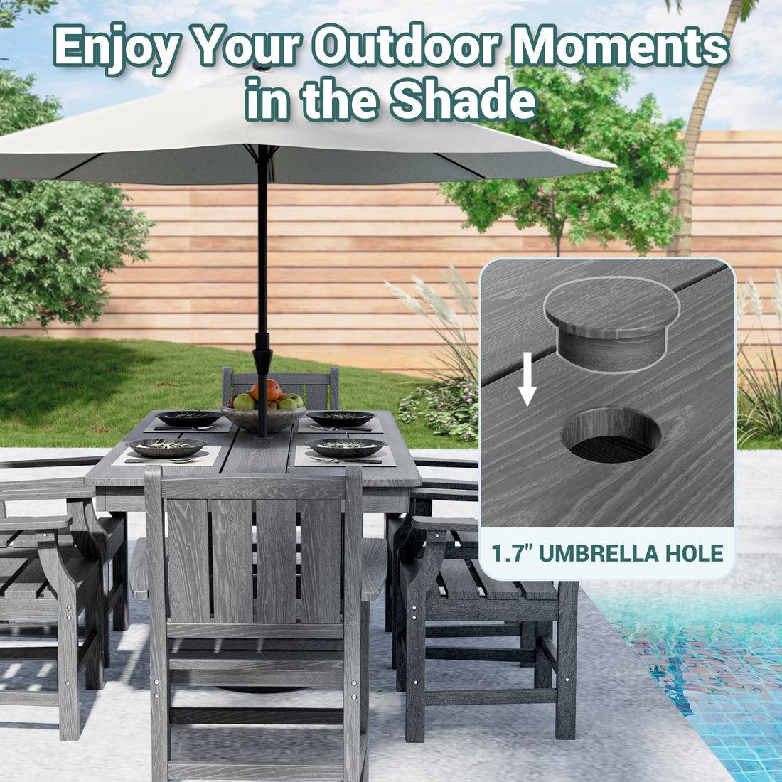 7-Piece HDPE Outdoor Dining Table and Chairs with Umbrella Hole - Multiple Sizes, 2 Colors