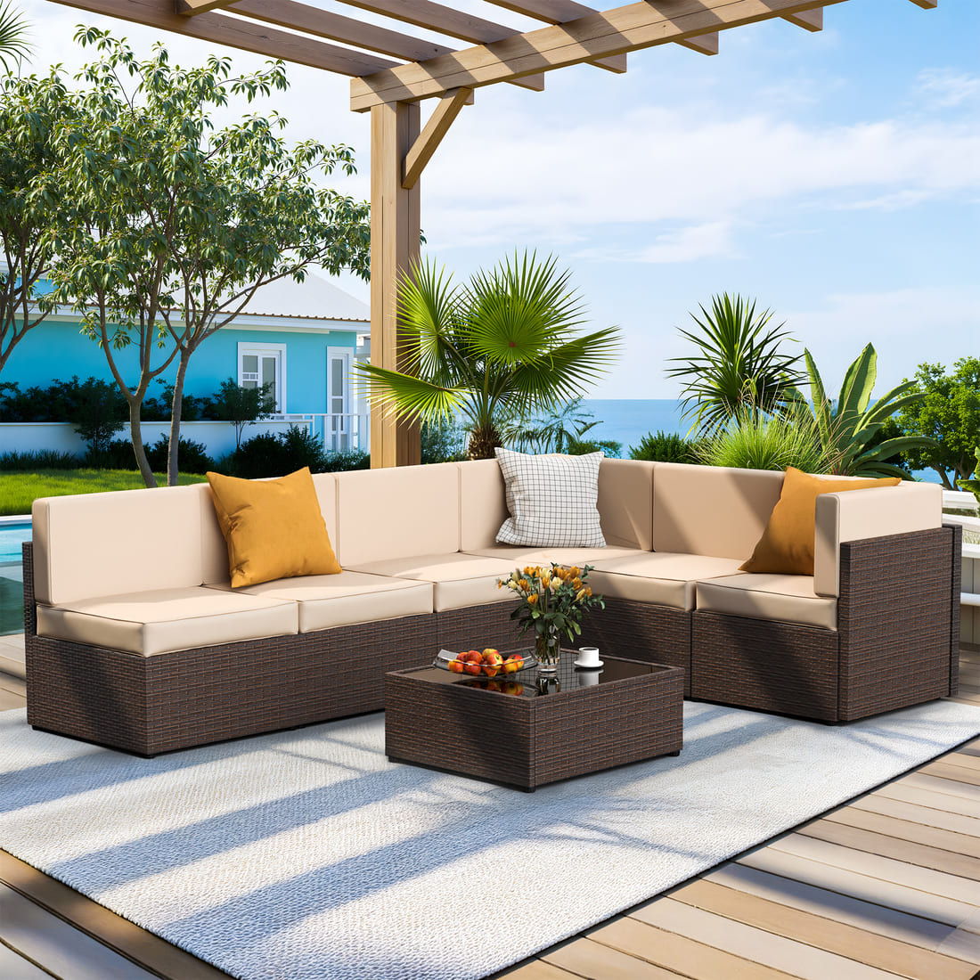 Rattan Outdoor Sectional Couch Set (7 Pieces) - 5 Colors