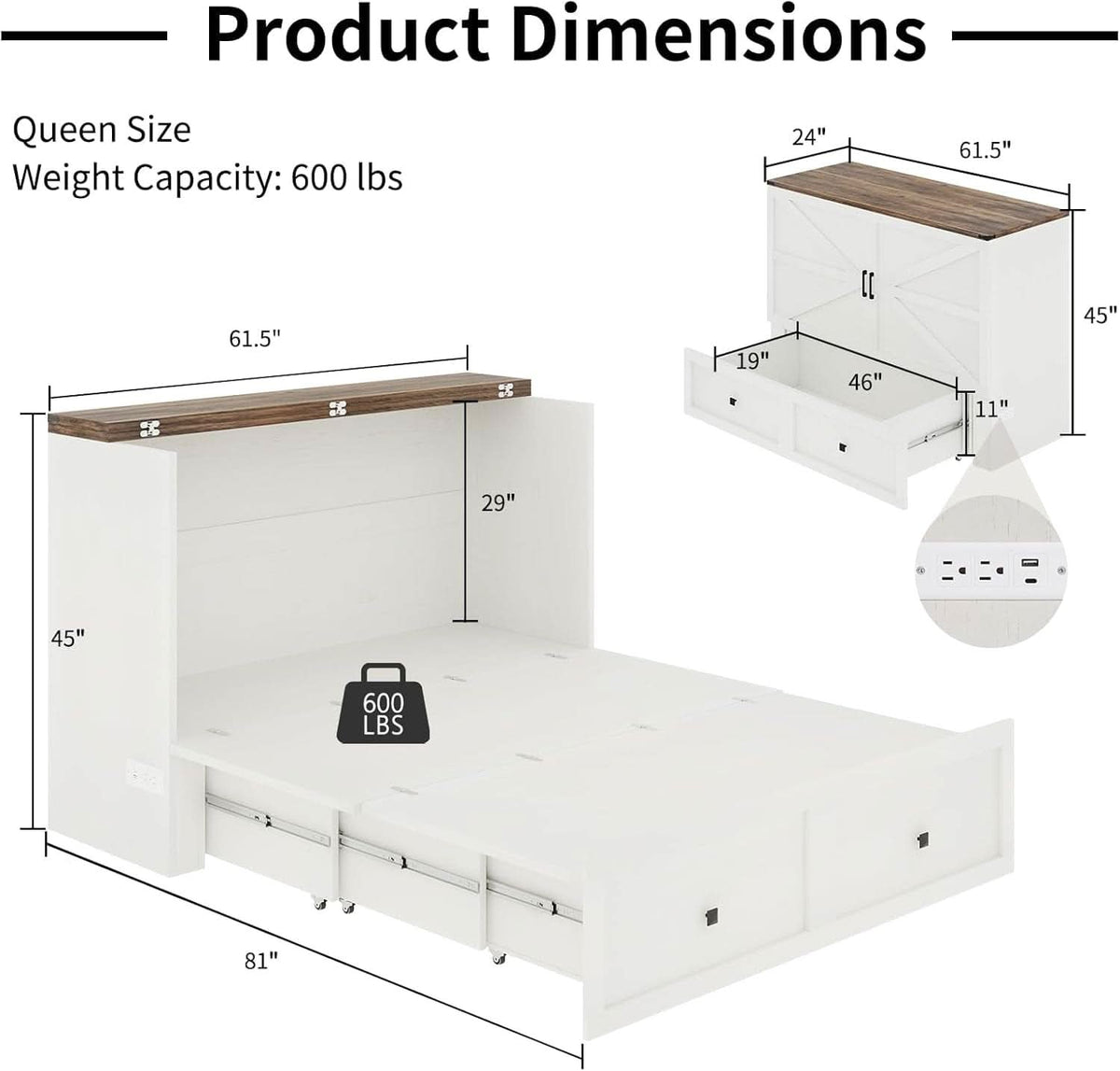 Murphy Bed Cabinet With Charging Station - Queen Size