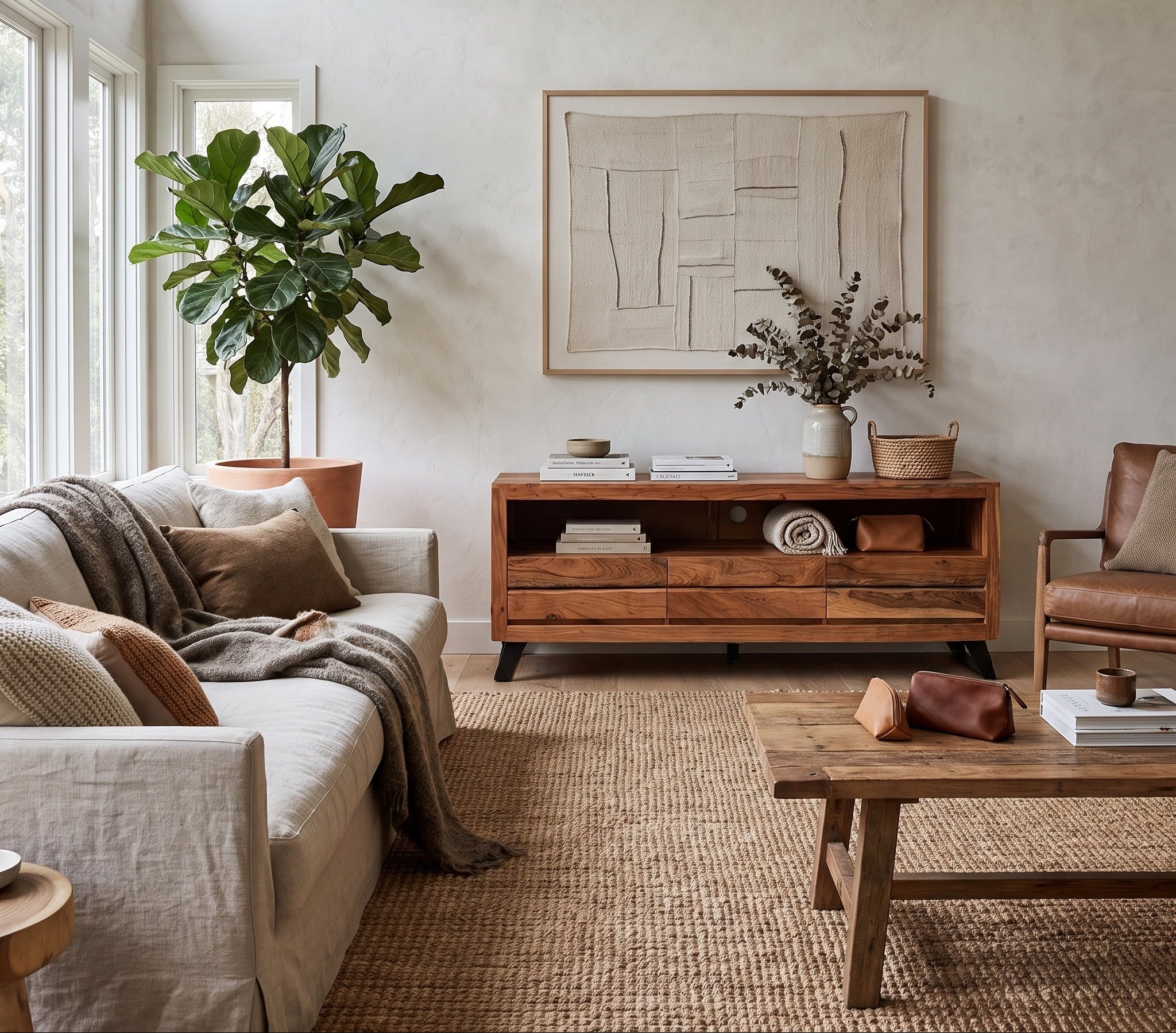 Modern rustic living room with a neutral linen sofa, wooden media console, jute rug, and minimalist wall art.