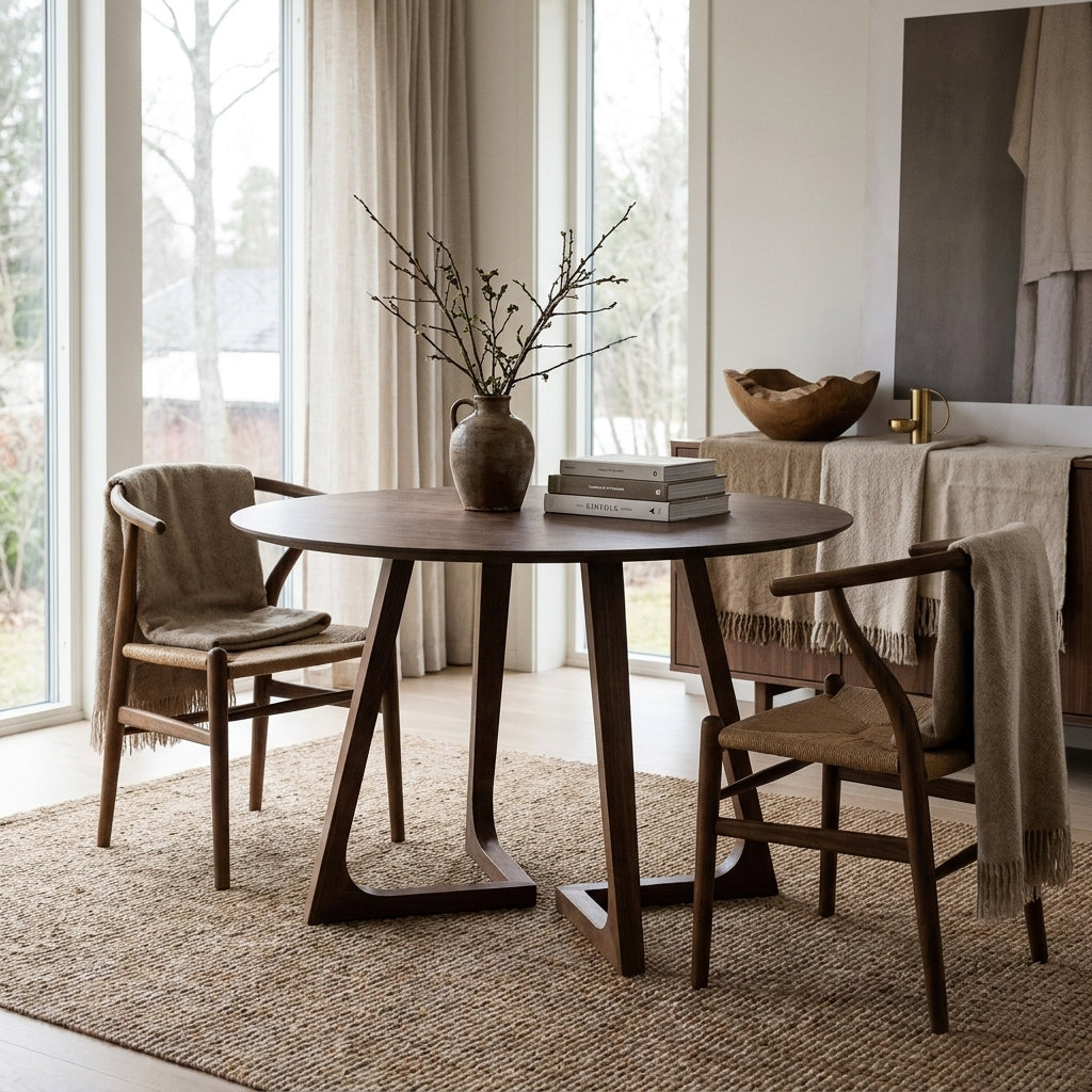 Minimalist dining room with a round wooden table, woven chairs, and neutral decor in a bright, modern Scandinavian home.