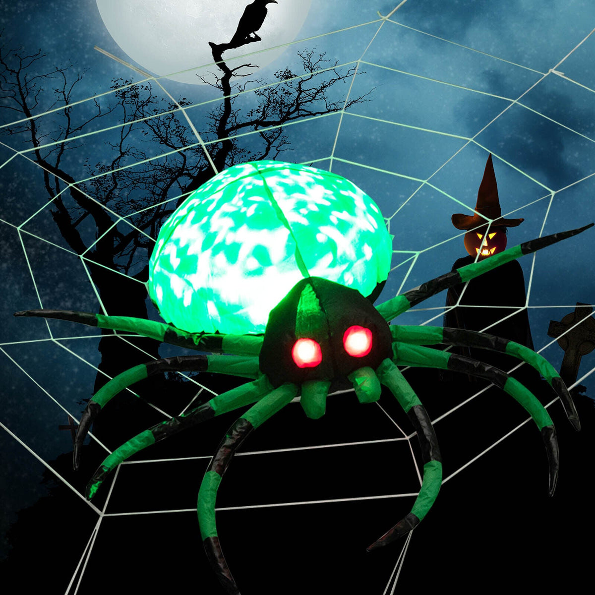 5 Ft Long Inflatable Creepy Spider with Cobweb and LEDs - Halloween Yard Decor
