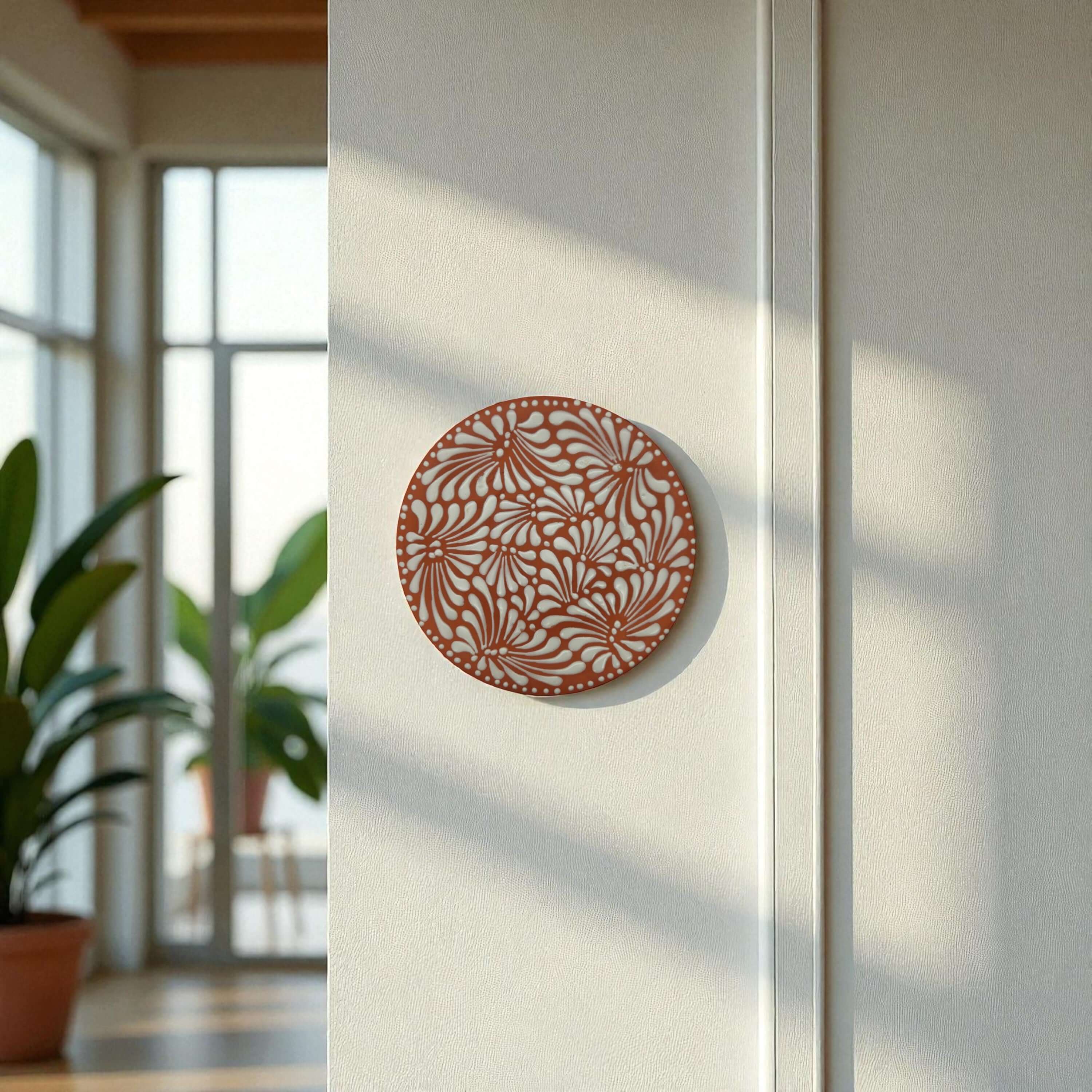 Set of 4 Terracotta & White Talavera Wall Plates | 10" Decorative Display