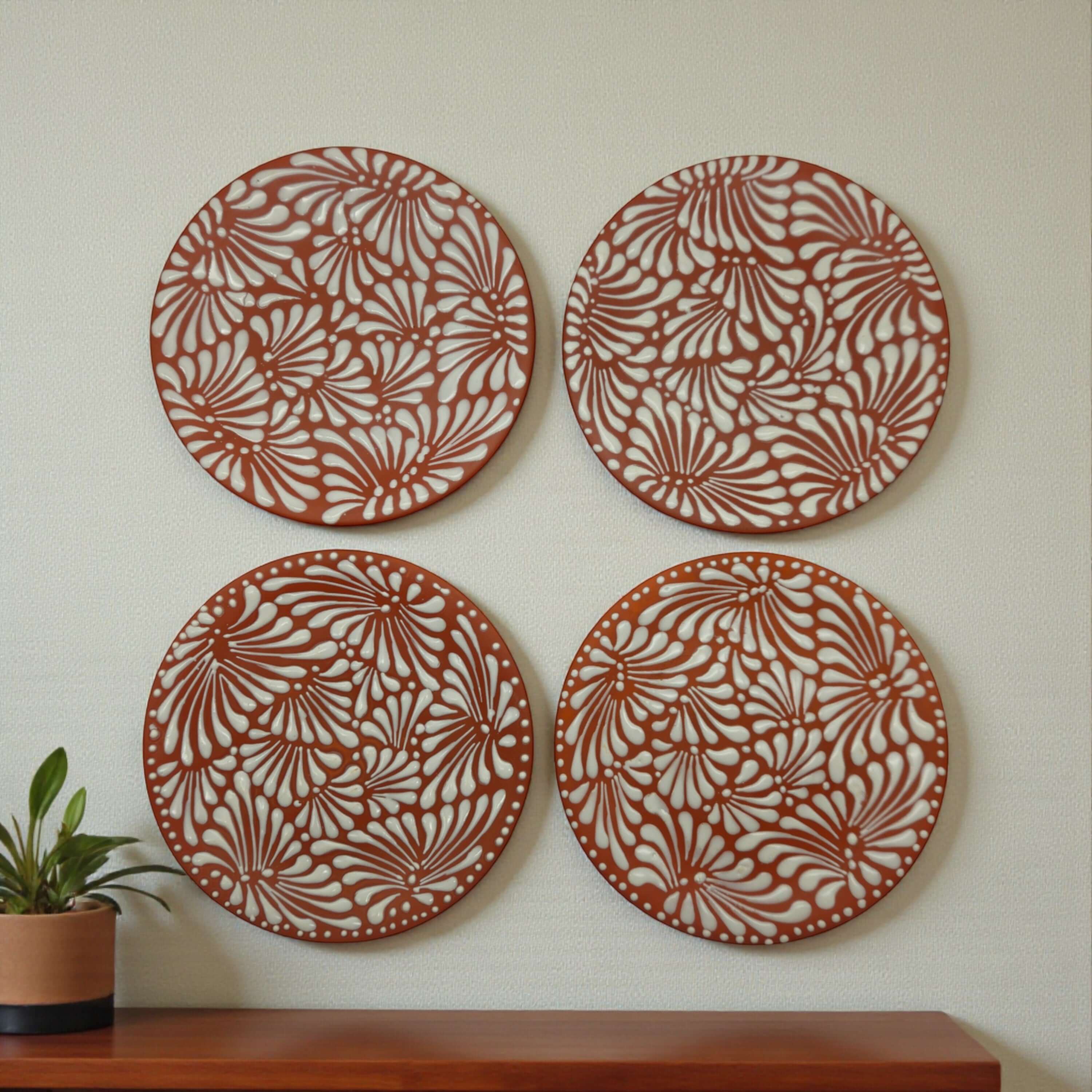 Set of 4 Terracotta & White Talavera Wall Plates | 10" Decorative Display