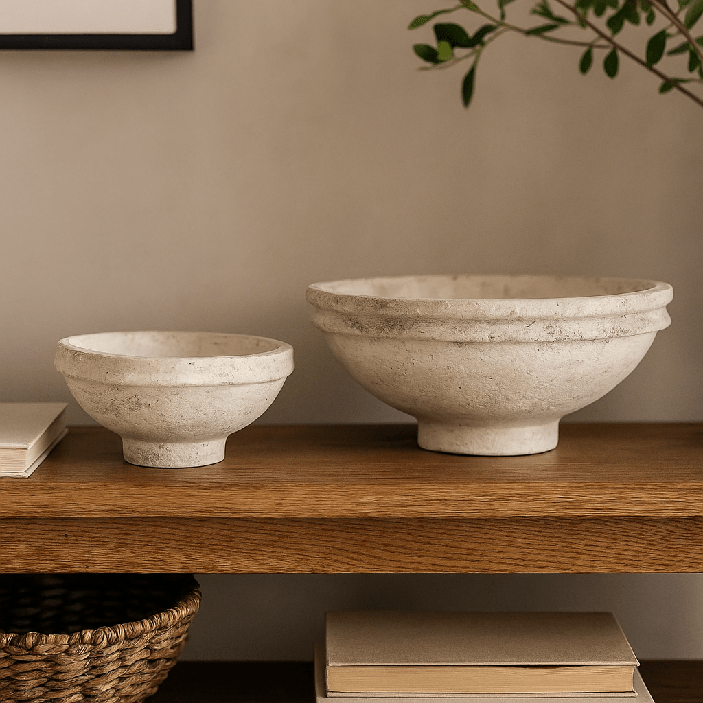 Decorative Paper Mâché Bowls, Aged White Finish - 2 Pc Set
