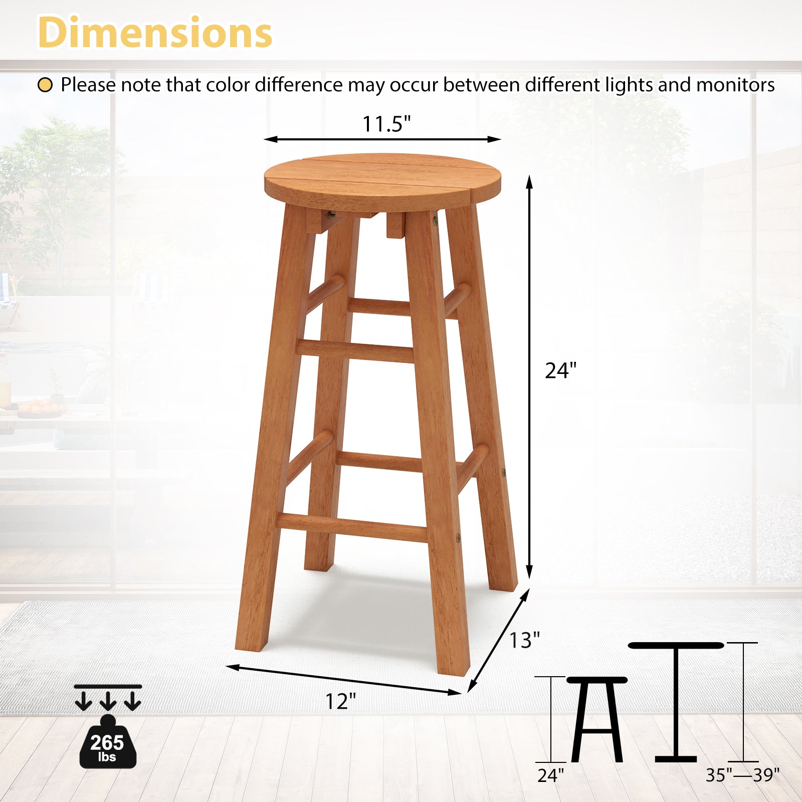 Indoor/Outdoor Wooden Bar Stools w/ Round Seat and Footrest - Set of 2