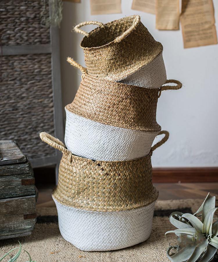 Straw Pop Up Belly Baskets in Natural, Blue, or White