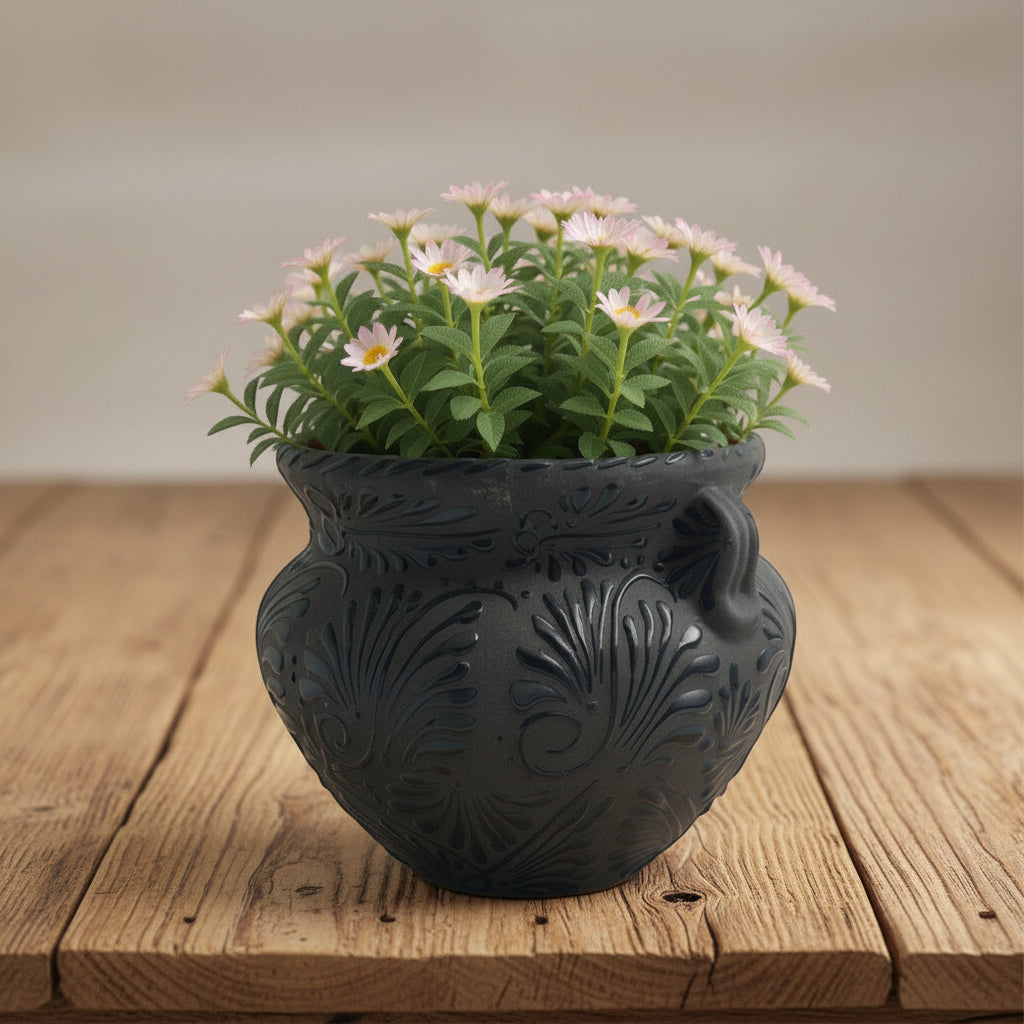 Talavera Floral Pot | Handmade Black Design