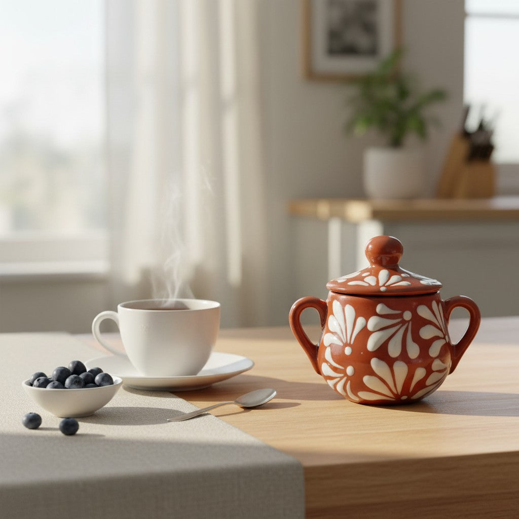 Talavera Sugar Jar | Brown & White Floral