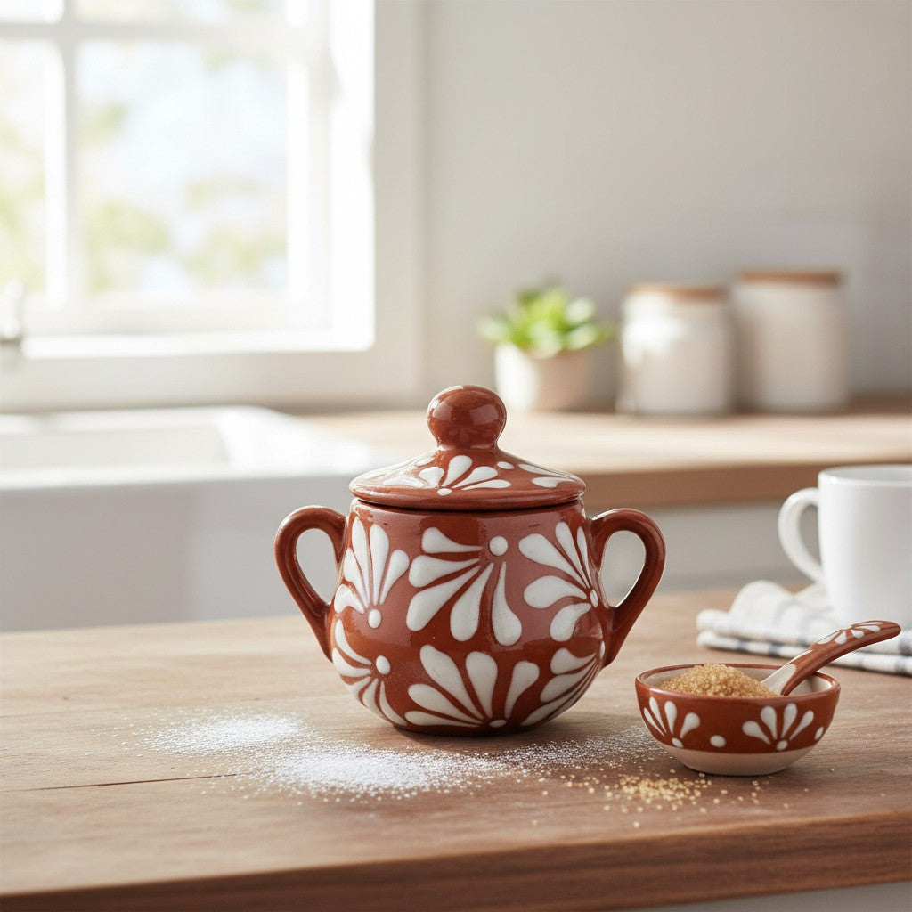 Talavera Sugar Jar | Brown & White Floral