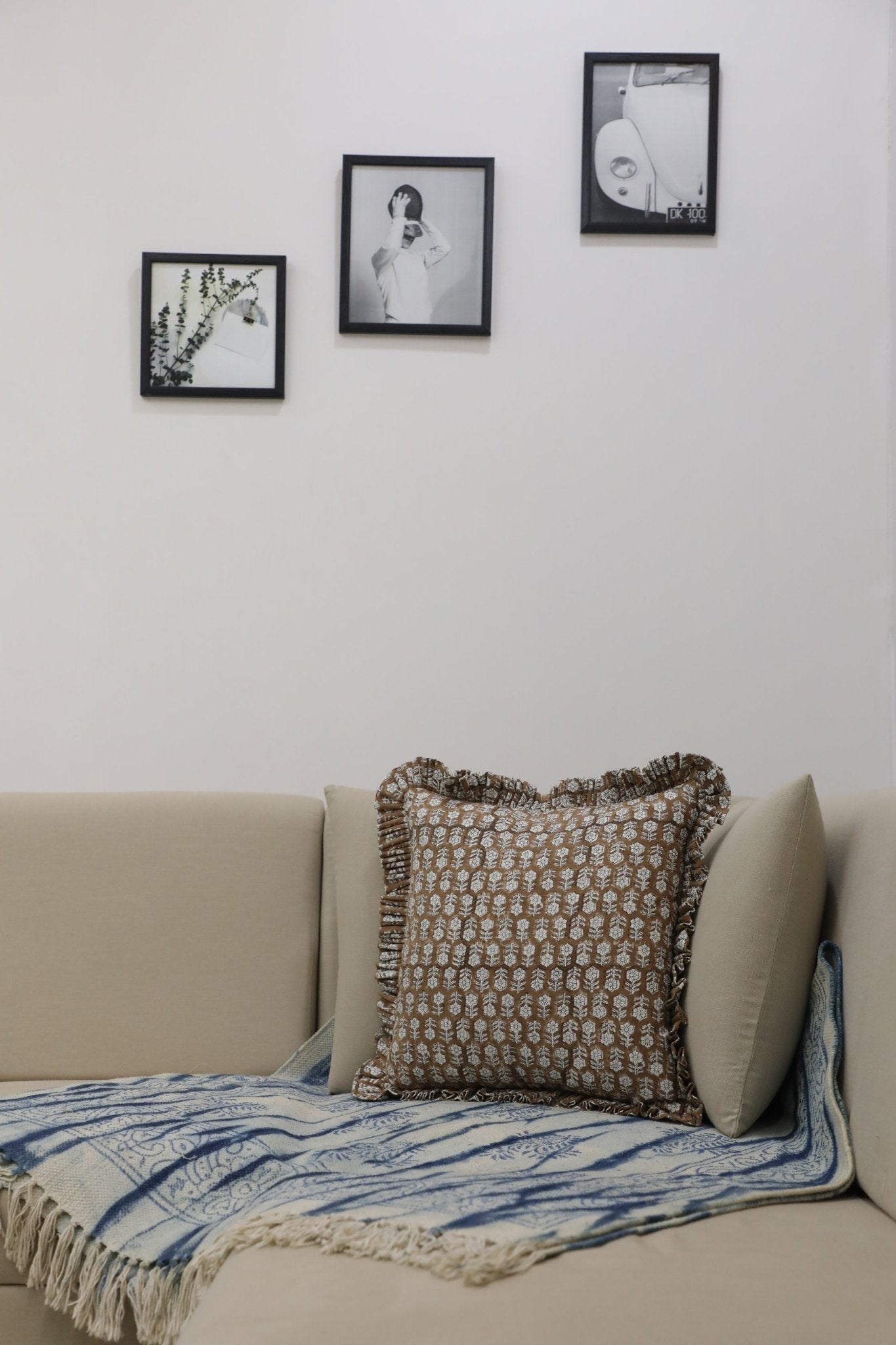 Block Printed Frill Pillow Cover - Tulsi Buti