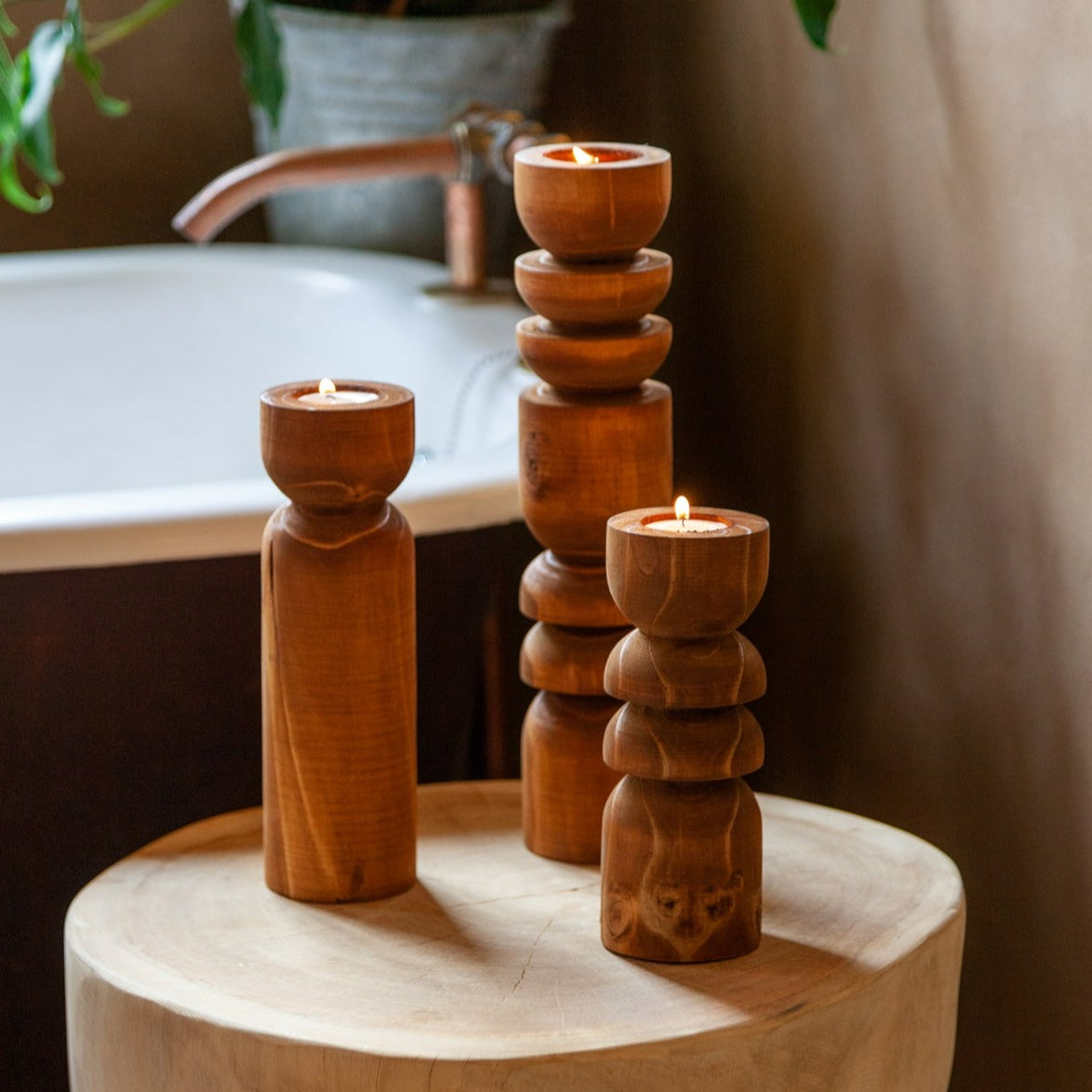 Abstract Wooden Tealight Totem Candle Holders