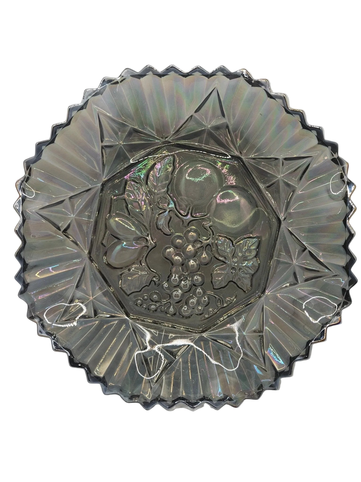Vintage Grey Carnival Glass Bowl With Fluted Edges & Raised Fruit