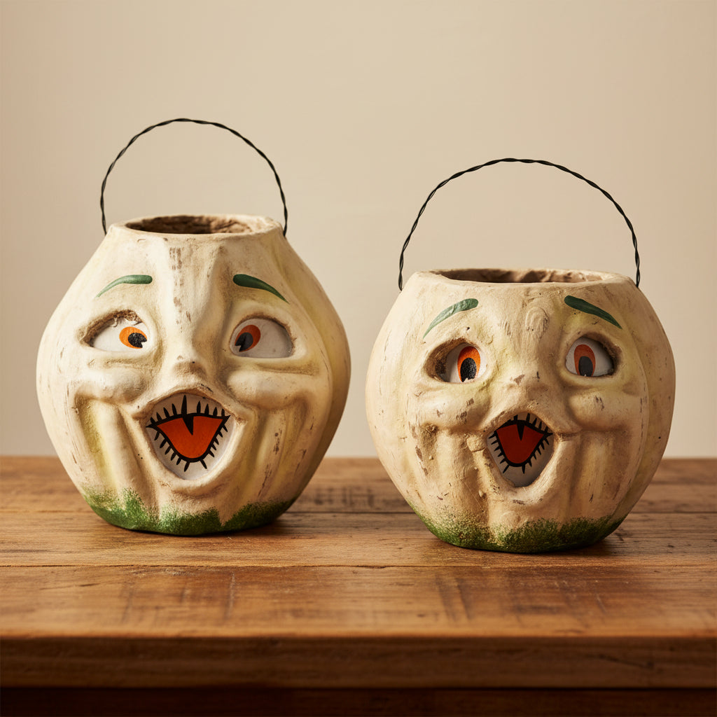 Vintage White Resin Mache Jack-O-Lantern Choir Boy Candy Buckets
