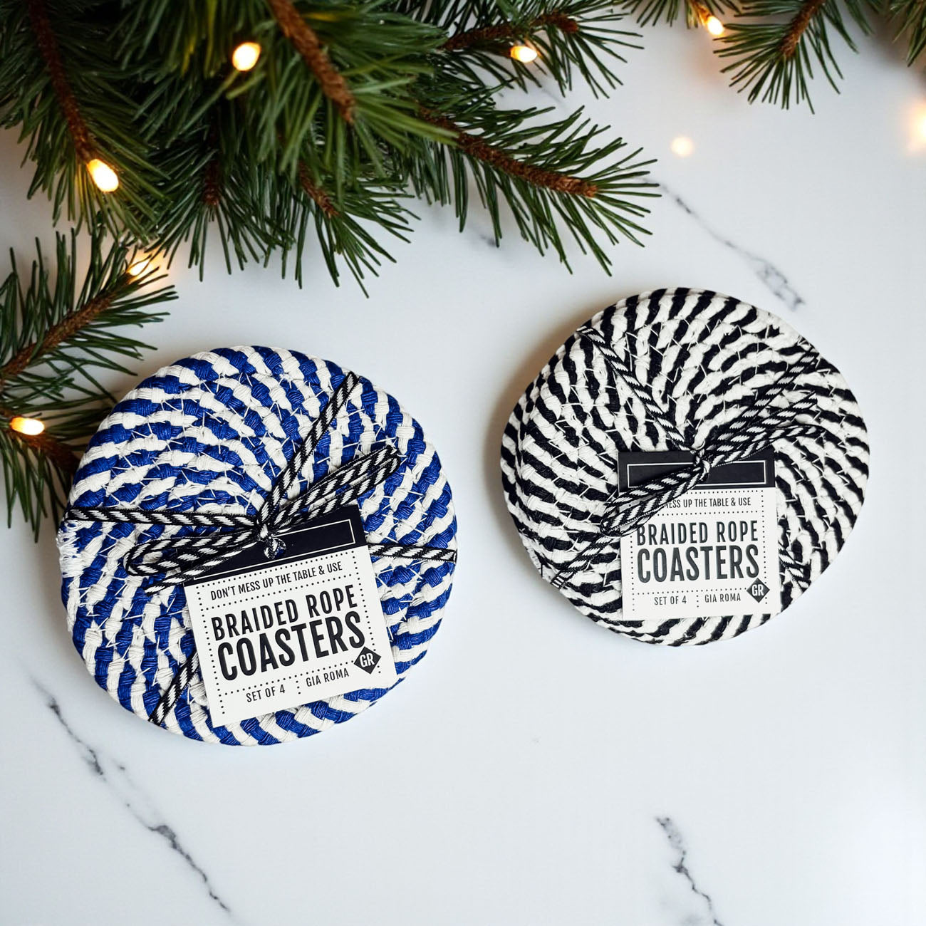 Blue and White Braided Coasters - Set of 4