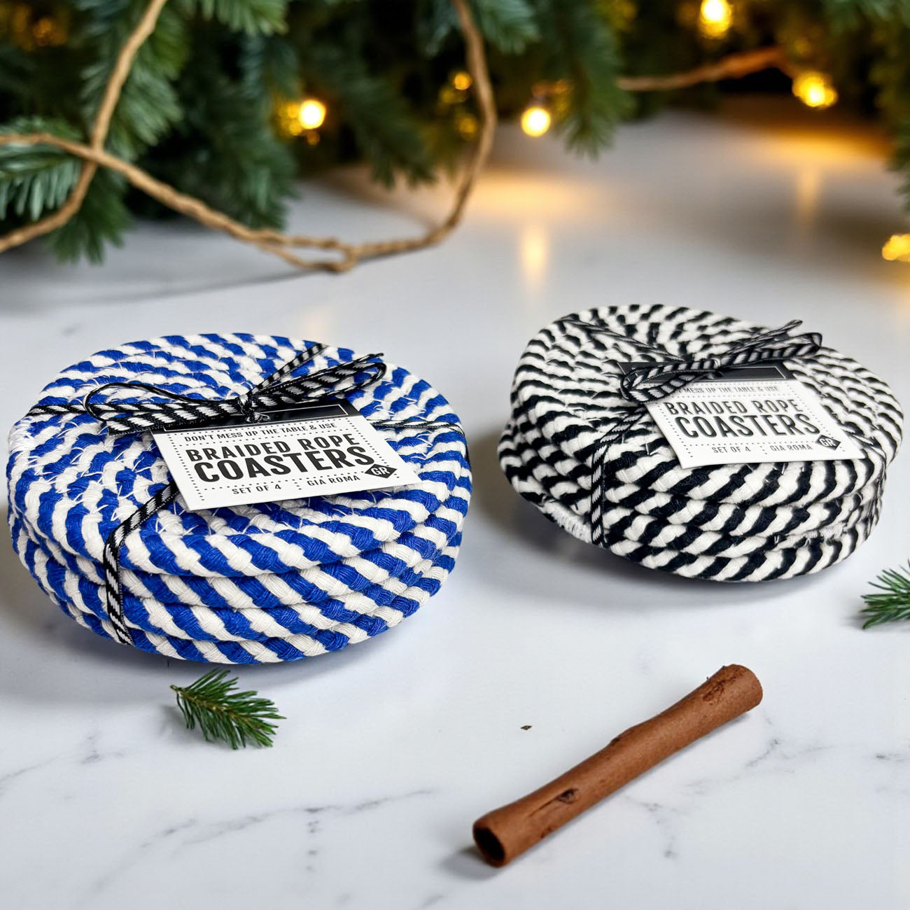 Blue and White Braided Coasters - Set of 4