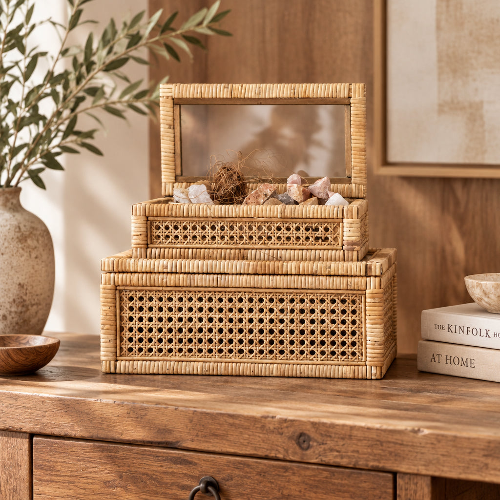 Woven Rattan Wood Display Boxes with Glass Lid | 2 Sizes